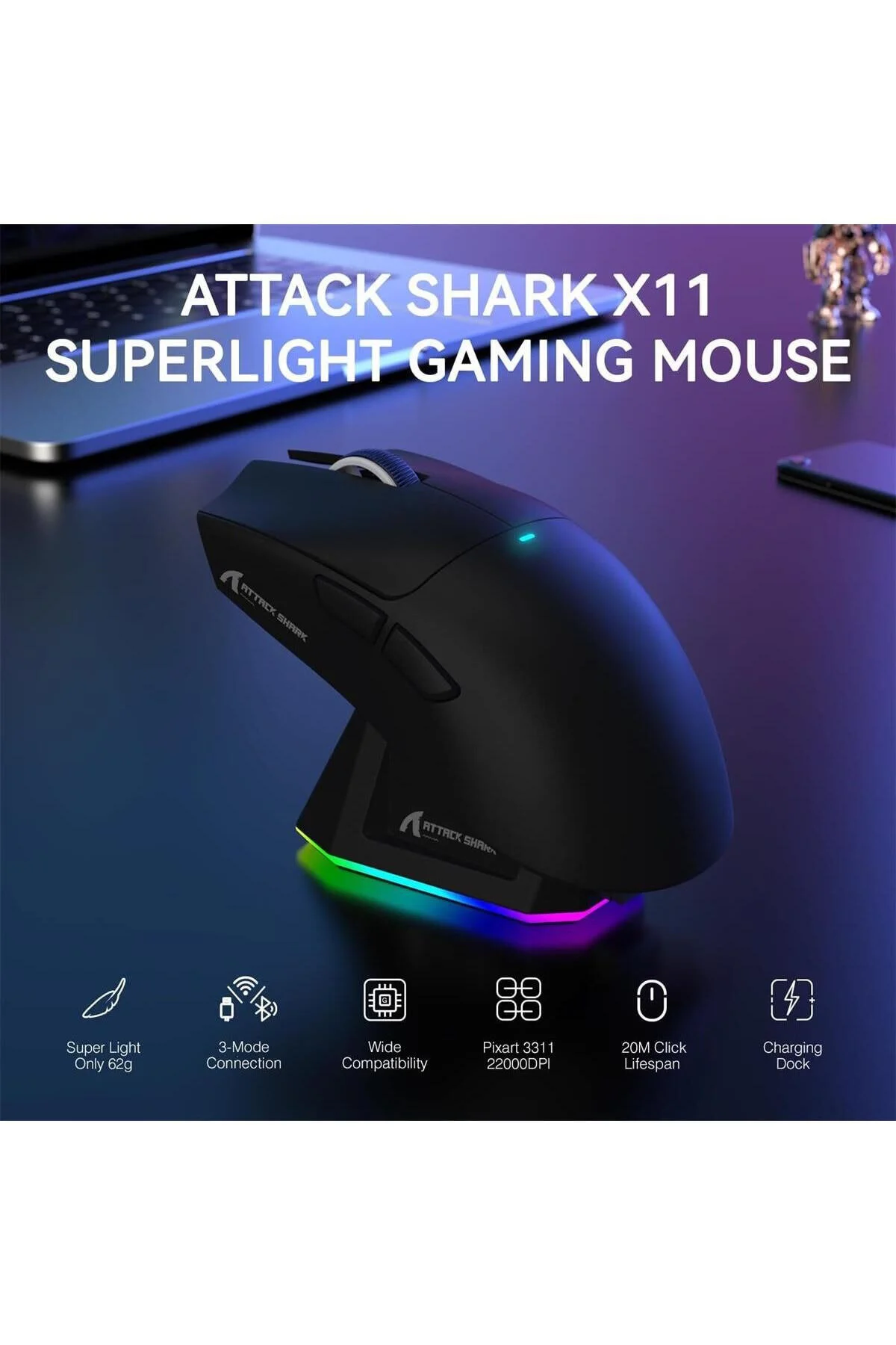 ماوس مخصوص بازی X11 SUPERLIGHT DPI PAW3311 پخش کننده بی سیم با ایستگاه شارژ Attack Shark