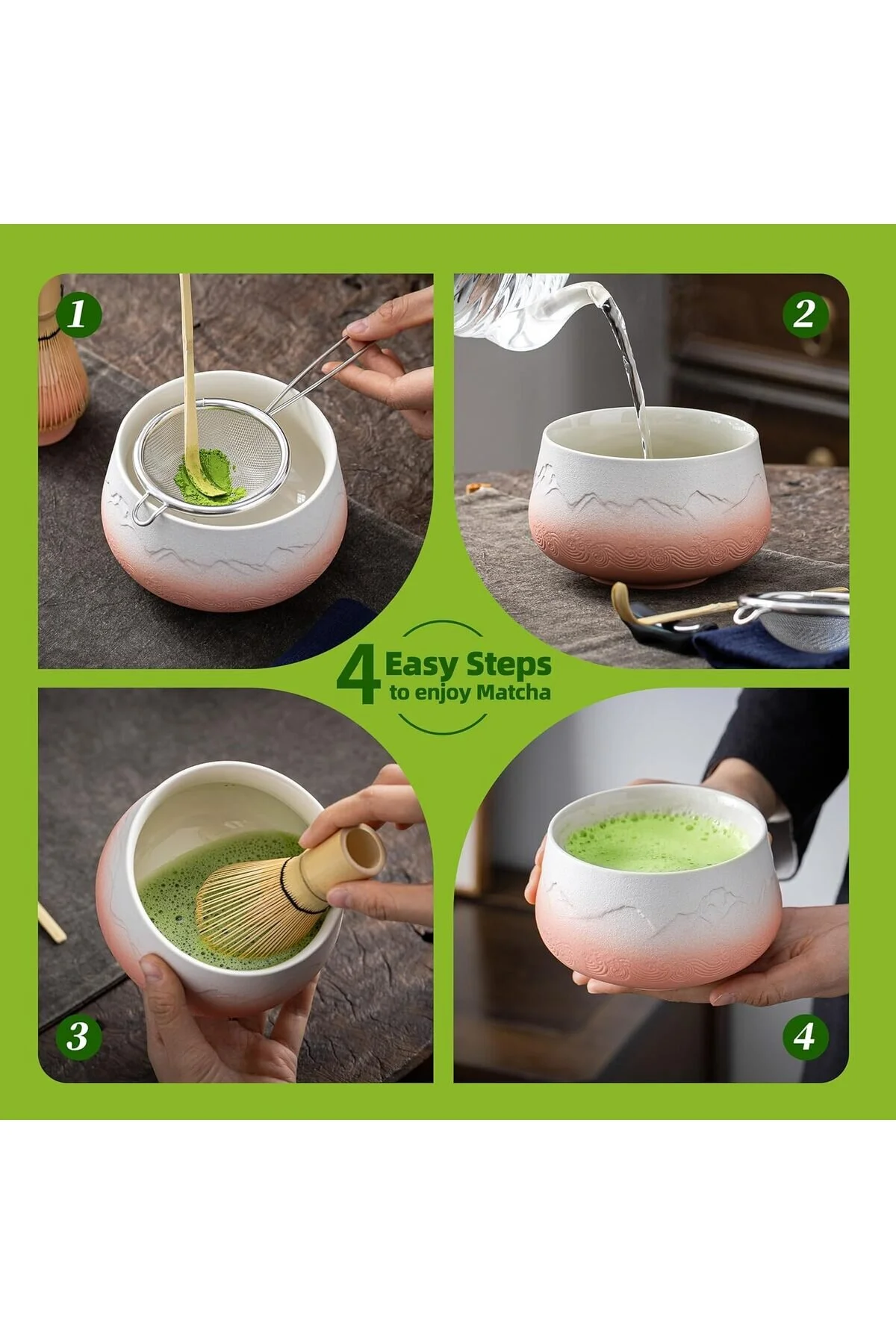 فنجان چای مجموعه MATCHA ژاپنی 7 قطعه کاسه سرامیکی صورتی ضرب و شتم بامبو قاشق با سنتی TEANAGOO