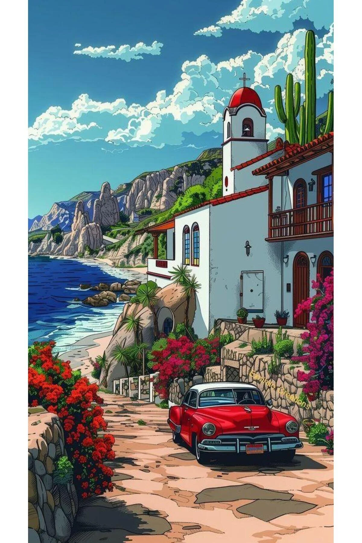 پازل سه بعدی ماشین کلاسیک در ساحل PIXART ART DIAMOND PAINTING MOZAIC 40X60 pixartsanat