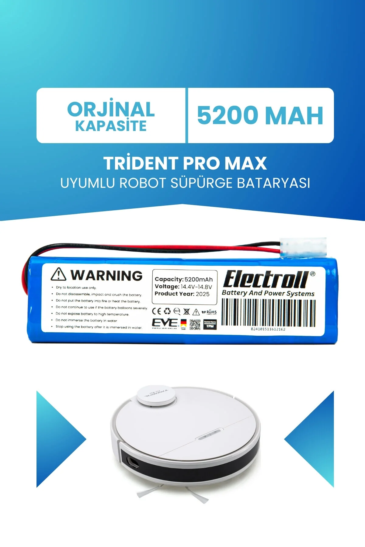 باتری و شارژر جایگزینی ربات جاروبرقی TRIDENT PRO MAX ظرفیت اصلی 5200MAH ELECTROLL