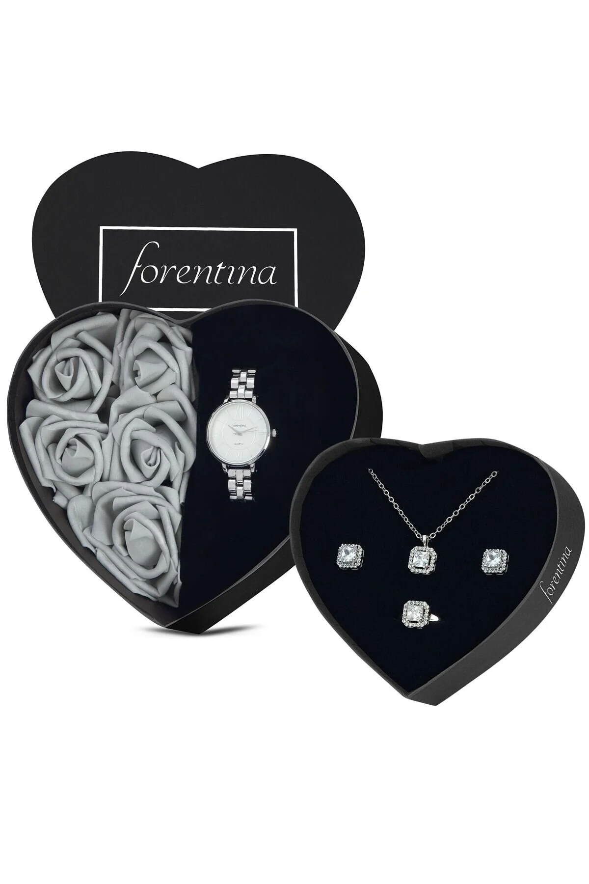 هدیه مفهومی خاکستری ساعت مچی فلزی در جعبه گل رز Forentina