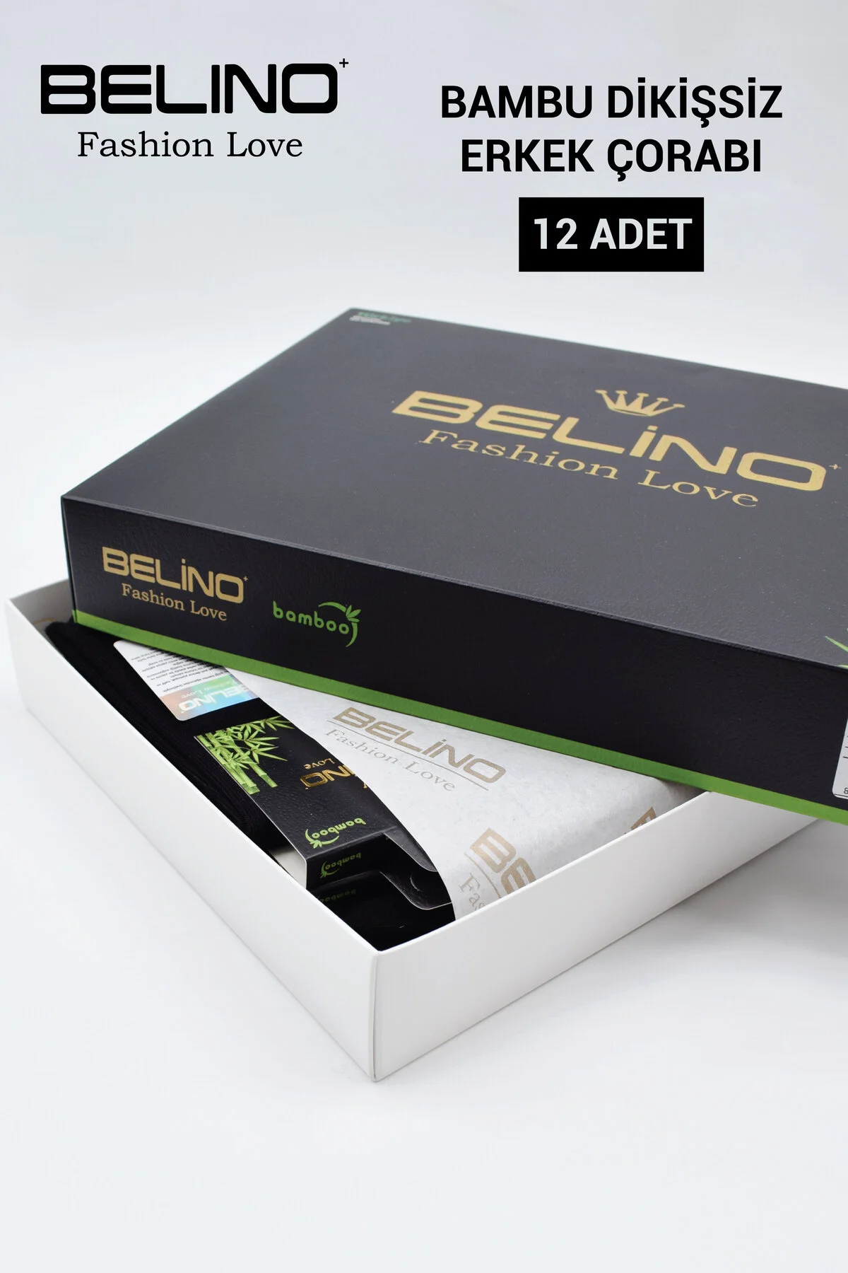 جوراب 12 جفت مردانه بدون درز بامبو با جعبه رنگ مشکی BELİNOPLUS