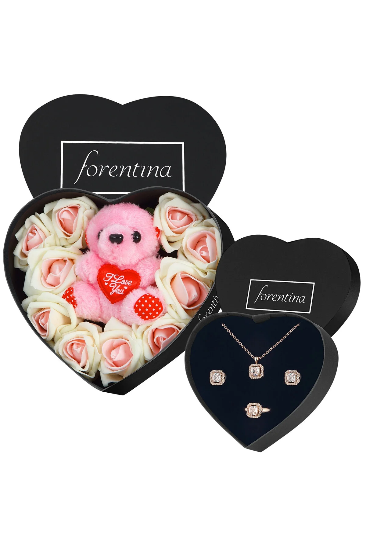 هدیه مفهومی صورتی گوشواره های گردنبند رز RING ROSE BEAR SET Forentina