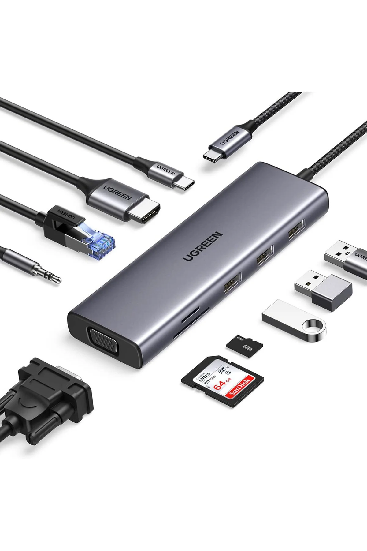 هاب USB UGREEN 10 IN 1 3XUSB 3.0 100W TYPE C 4K HDMI 1080P VGA SD TF CARD READER HUB 15601 Ugreen