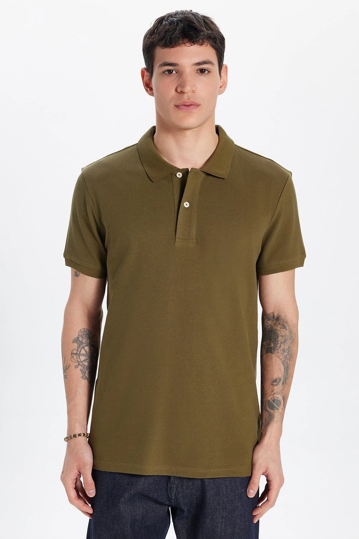 تی شرت یقه پولو مردانه برش باریک 100 ٪ پنبه خاکی چوگان YAKA T SHIRT Tudors