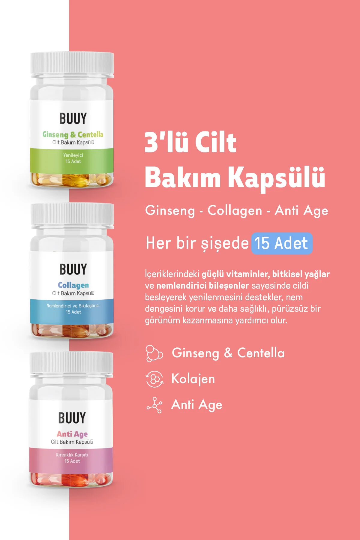 سرم پوست مجموعه کپسول مراقبت 3 ضد سن کلاژن جینسنگ و سانتلا ژل نرم سنتلا Buuy