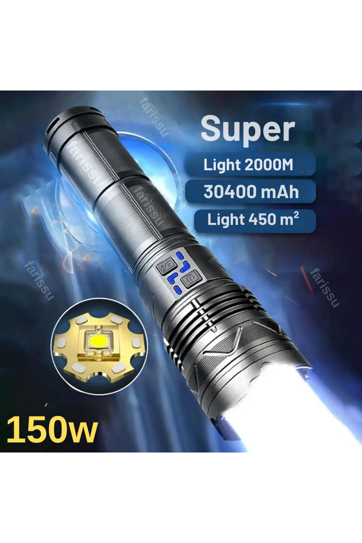چراغ قوه 150W LED 2 3 کیلومتر 12000 لومن 30400 میلی آمپر ساعت زوم شارژ ضد آب کیسه ویژه farissu