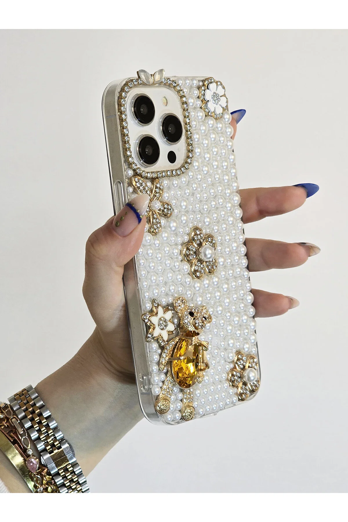 کاور و قاب محافظ تلفن با مروارید کاراکترهای سه بعدی سنگ های دست ساز سازگار آیفون 16 پرو مکس OSG