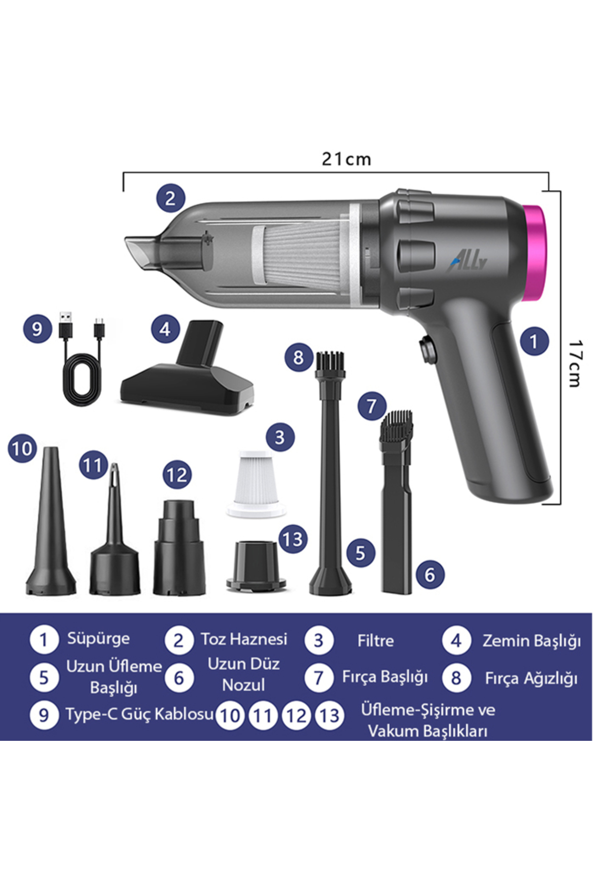 جاروبرقی داخل خودرو 14000PA جارو برقی قابل حمل 2 مرحله ای قدرتمند بی سیم دمنده مینی ماشین خاکستری Ally