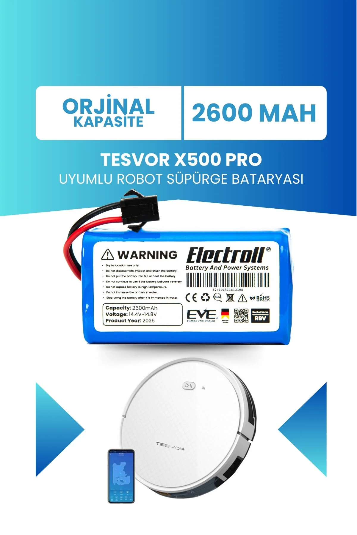 باتری و شارژر سازگار TESVOR X500 PRO ظرفیت اصلی ربات جاروبرقی 2600MAH ELECTROLL