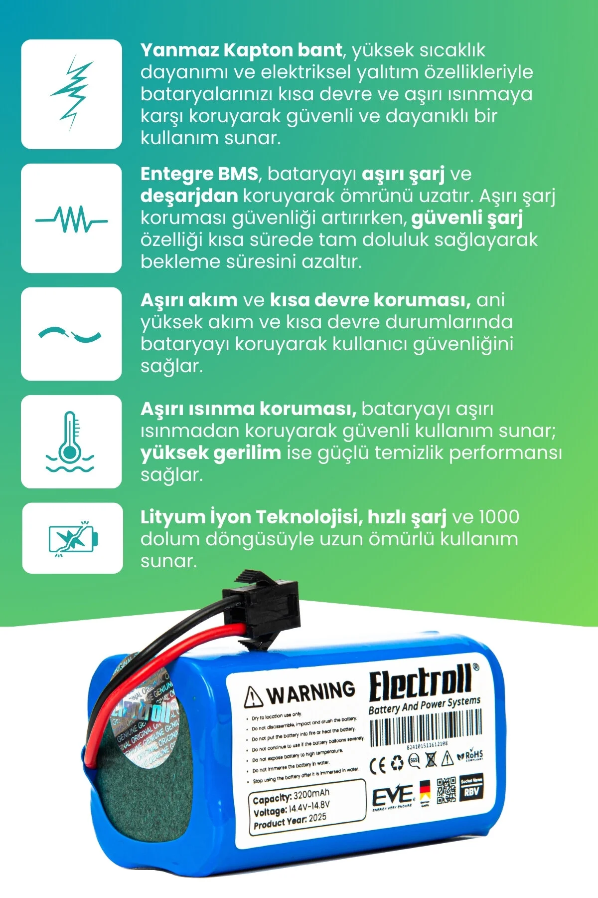 باتری و شارژر سازگار با BAGOTTE BG700 ظرفیت فوق العاده بالا 3200MAH جاروبرقی ربات هوشمند ELECTROLL