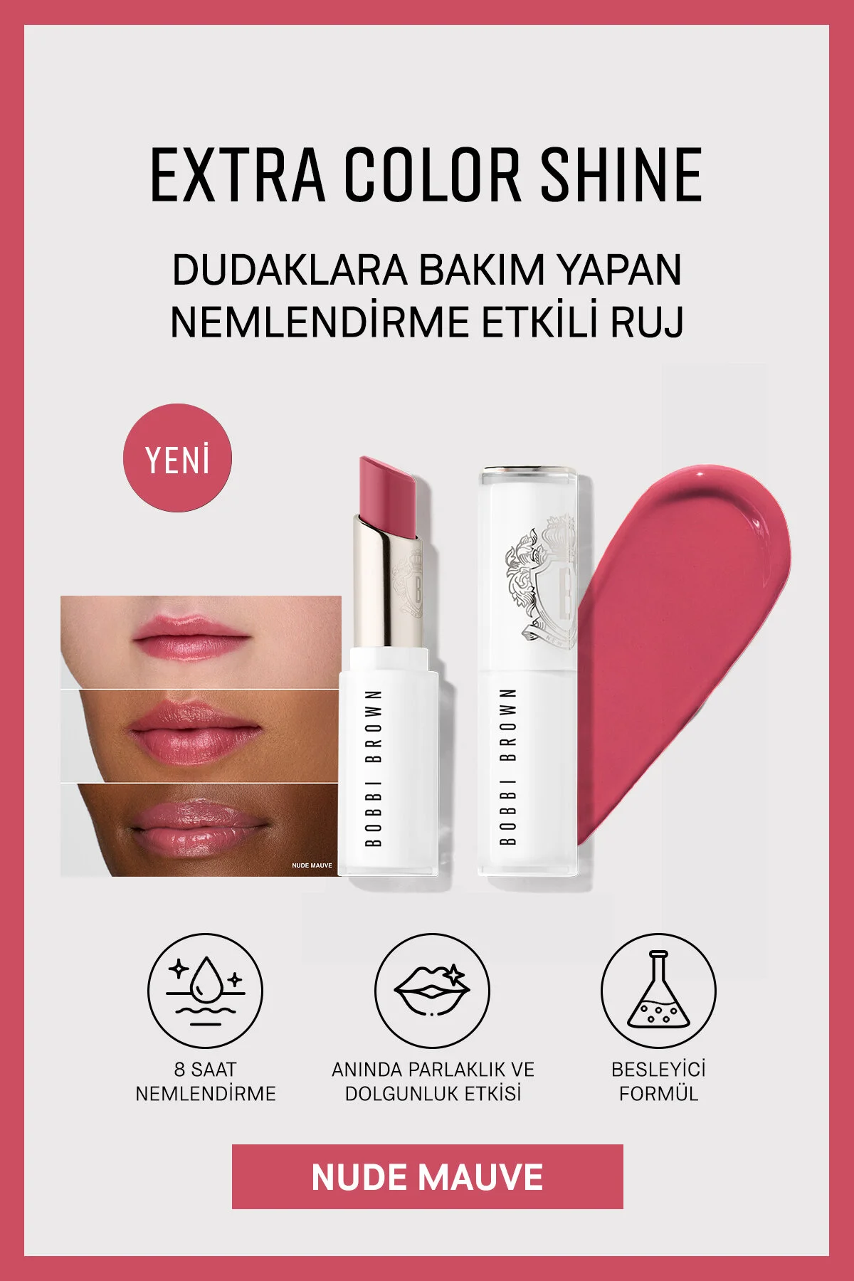 رژ لب با اثر مومیایی مرطوب کننده اکسترا رنگ شاین NUDE MAUVE Bobbi Brown