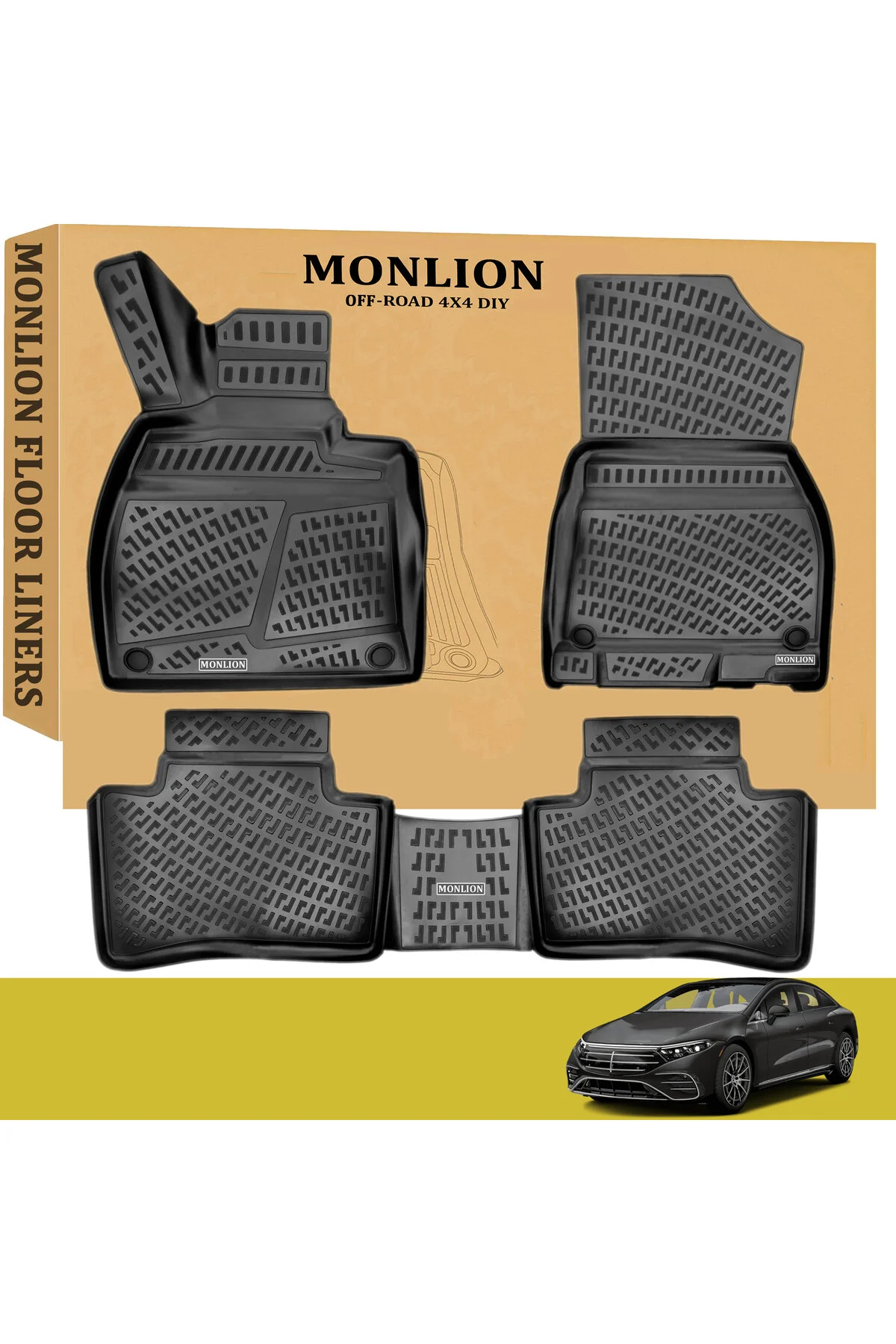 کفپوش خودرو مرسدس بنز EQS SEDAN 2021+3D لیزری ضد لغزش بدون بو جلو و عقب مشکی Monlion