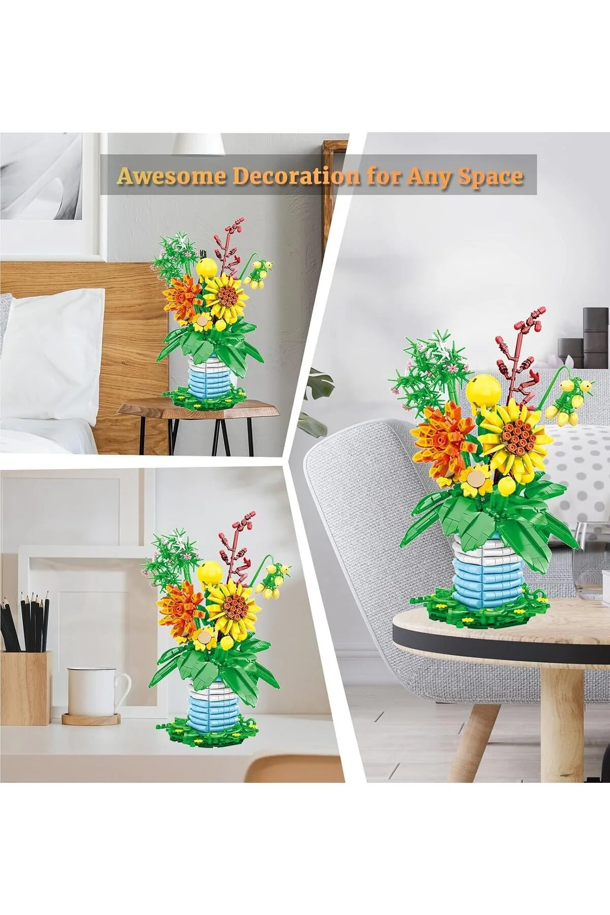 لگو و اسباب بازی های ساخت محور مجموعه ساز BUKET SUNFLOWER VASE 962 قطعه گلهای مصنوعی دکوراسیون منزل اداری VANNMOLD