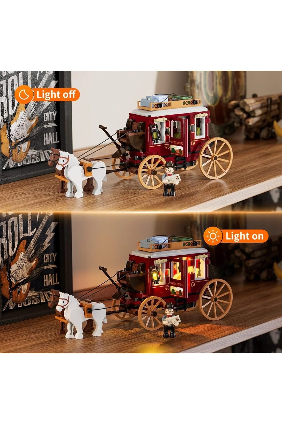 لگو و اسباب بازی های ساخت محور مجموعه سنگ روشنایی WESTERN STAGECOACH ماشین قدیمی اسب 293 قطعه FUNWHOLE