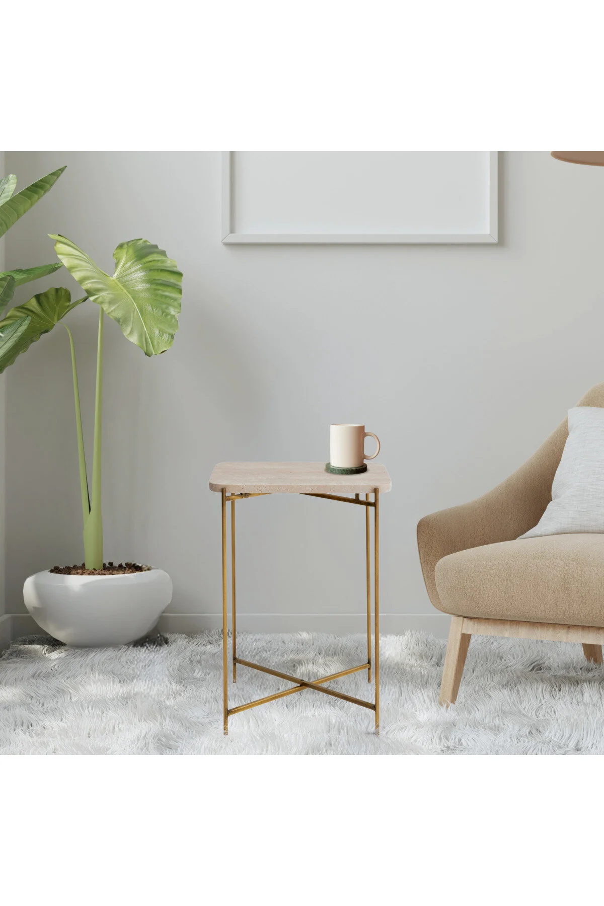 میز بغل مبلی قهوه سمت تراورتن هدایت پای فلزی Marmony Concept
