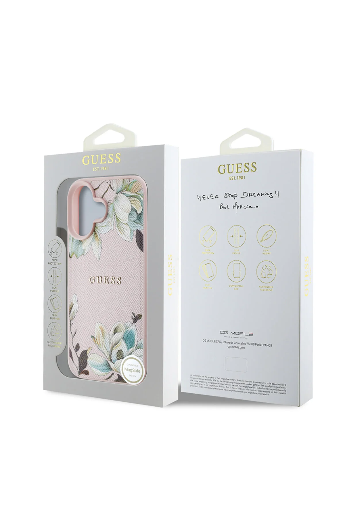 کاور و قاب آیفون 16 GUESS دارای مجوز MAGSAFE با طرح لوگوی فلزی گل دانه‌دار برجسته صورتی اورجینال Guess