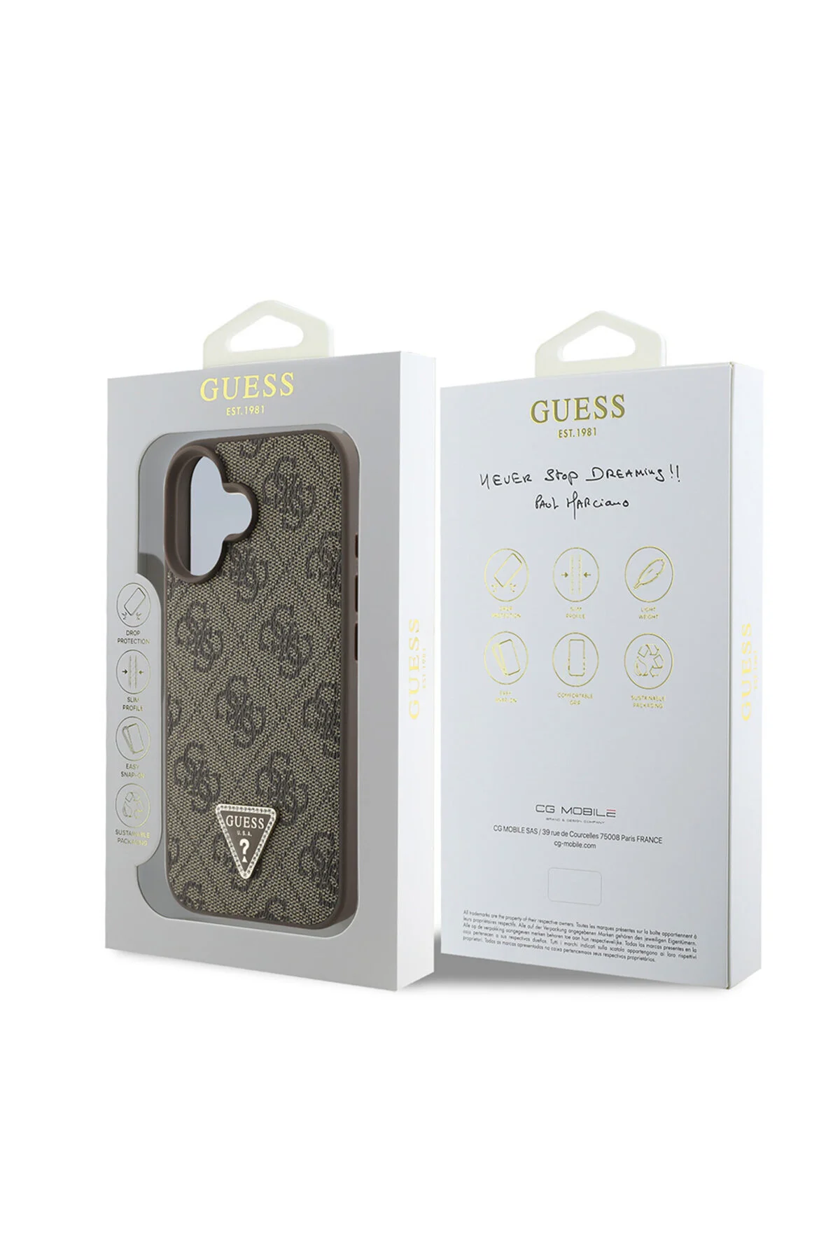 کاور و قاب IPHONE 16 CASE GUESS سازگار با PU چرم مثلثی دارای لوگوی 4G طرح دار قهوه ای اورجینال Guess