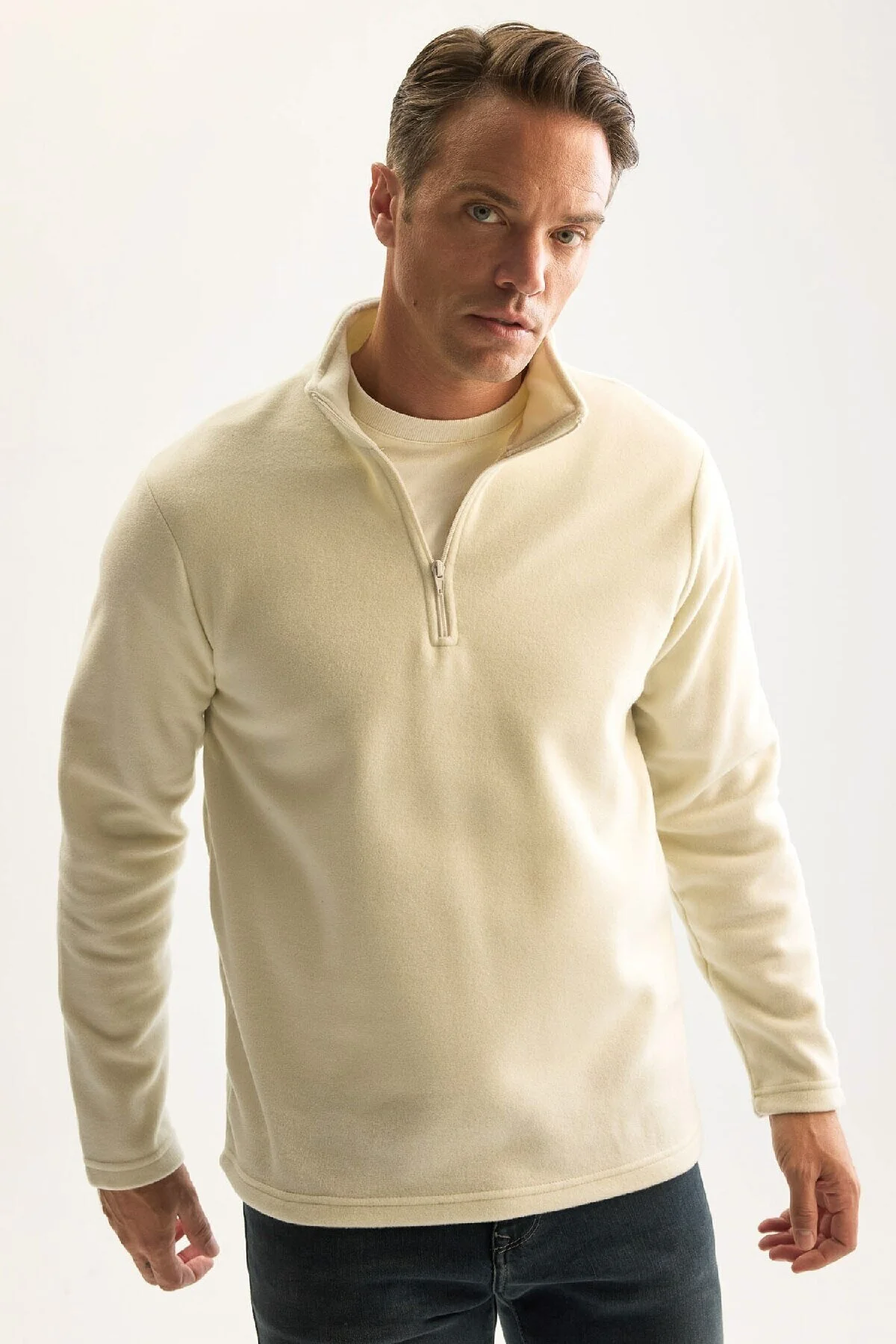 سافت شل و پلار مردانه ضد سرد معمولی غیر منظم غیرقانونی متناسب با یقه Zipper Polar Sweatshirt دفاکتو Defacto