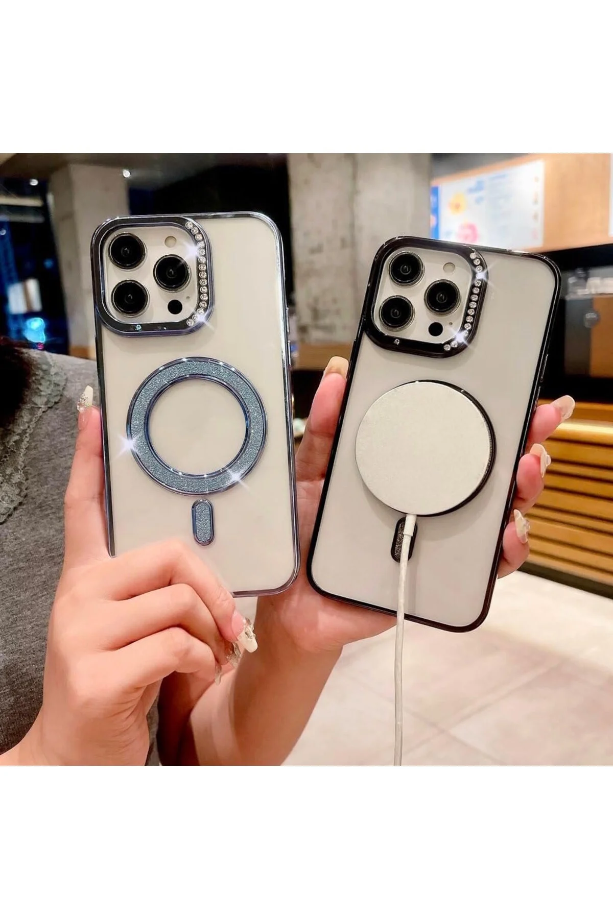 کاور و قاب دوربین IPHONE 16 PRO MAX CASE لبه های براق شفاف MAGSAFE با سنگ نقره ای مووتک m.tk moveteck