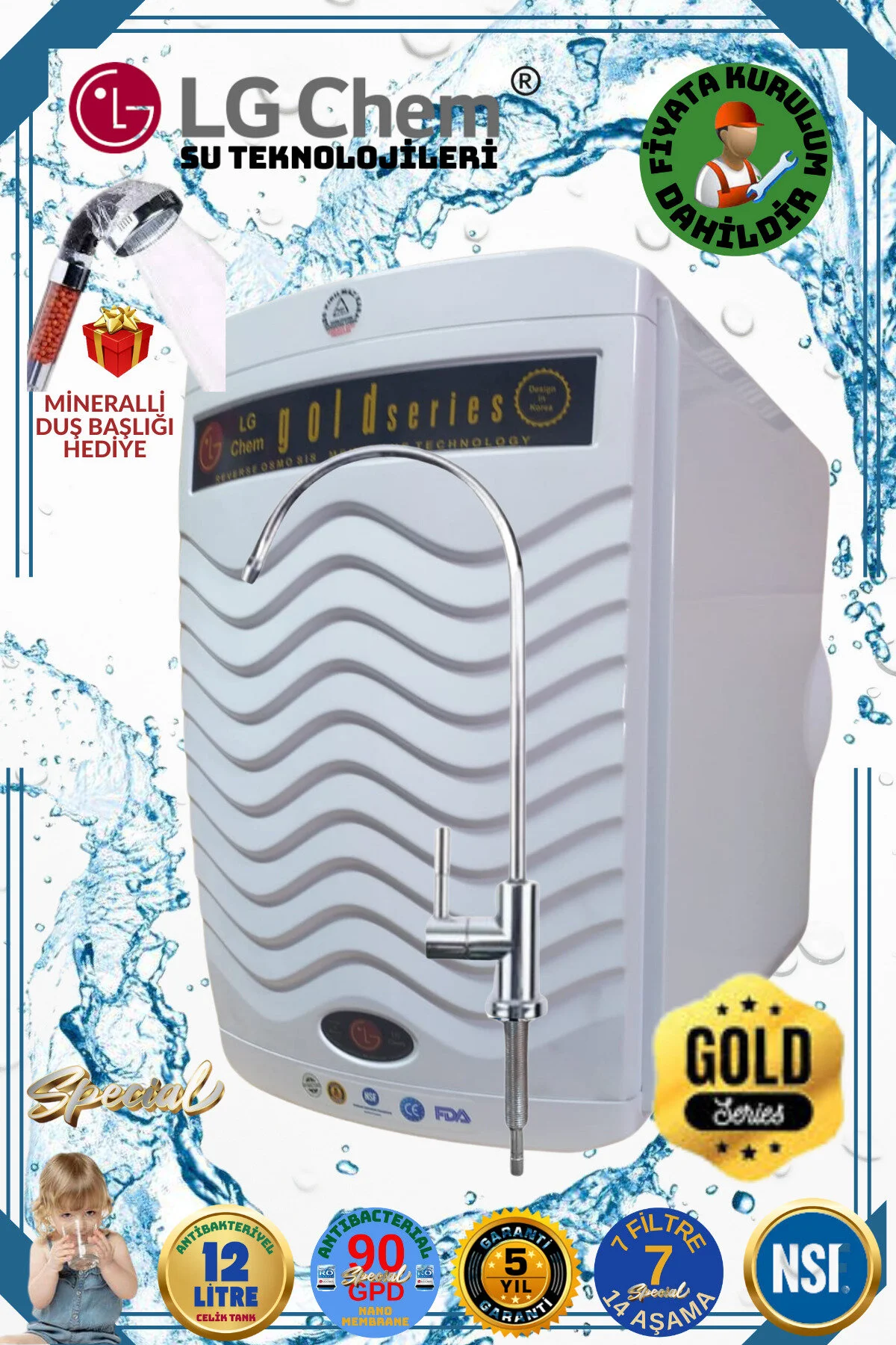 تصفیه کننده آب دستگاه LG CHEM GOLD PLUS 12 LT.14 STAGE با فیلتر یون نقره ای قلیایی معدنی همراه نصب light gastro