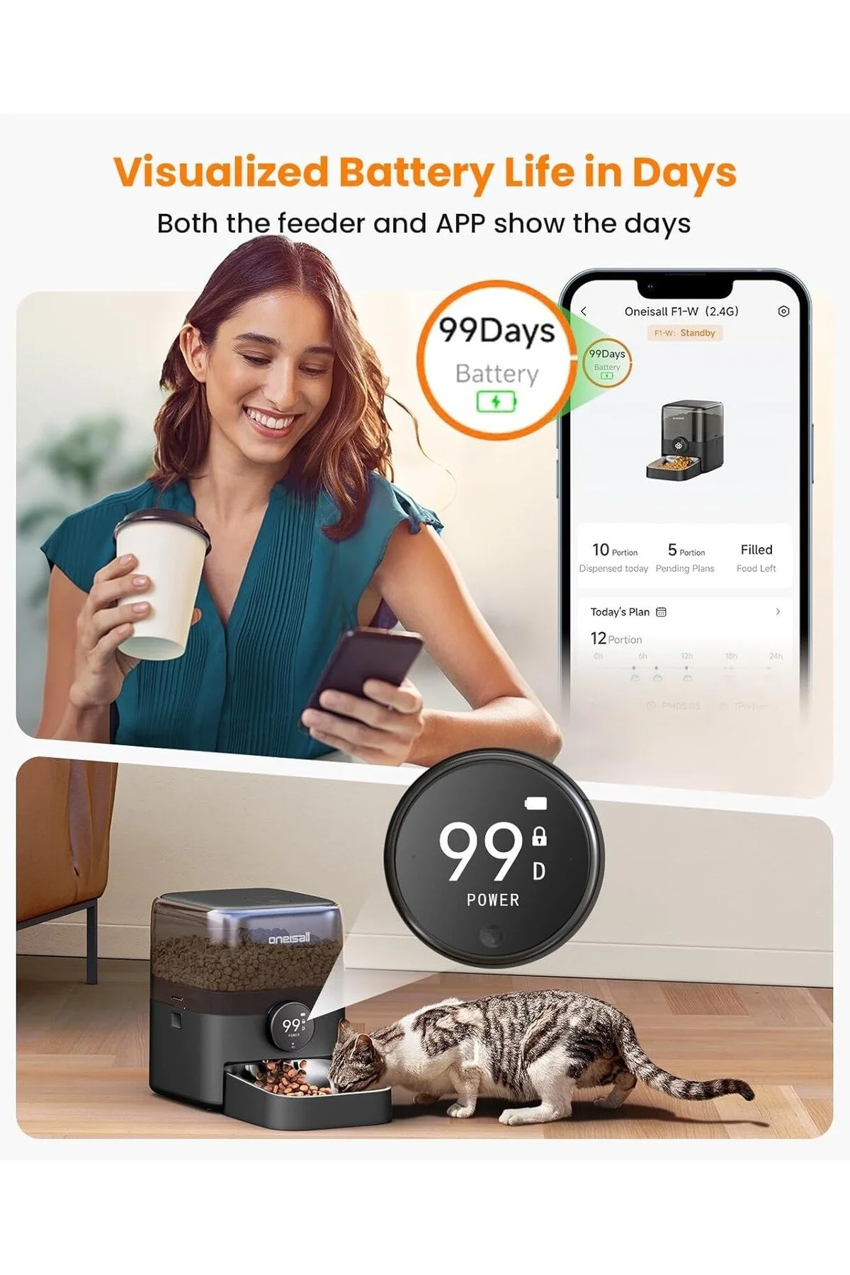 3L WIFI کنترل شده دستگاه غذای گربه هوشمند از طریق برنامه 100 روز عمر باتری oneisall