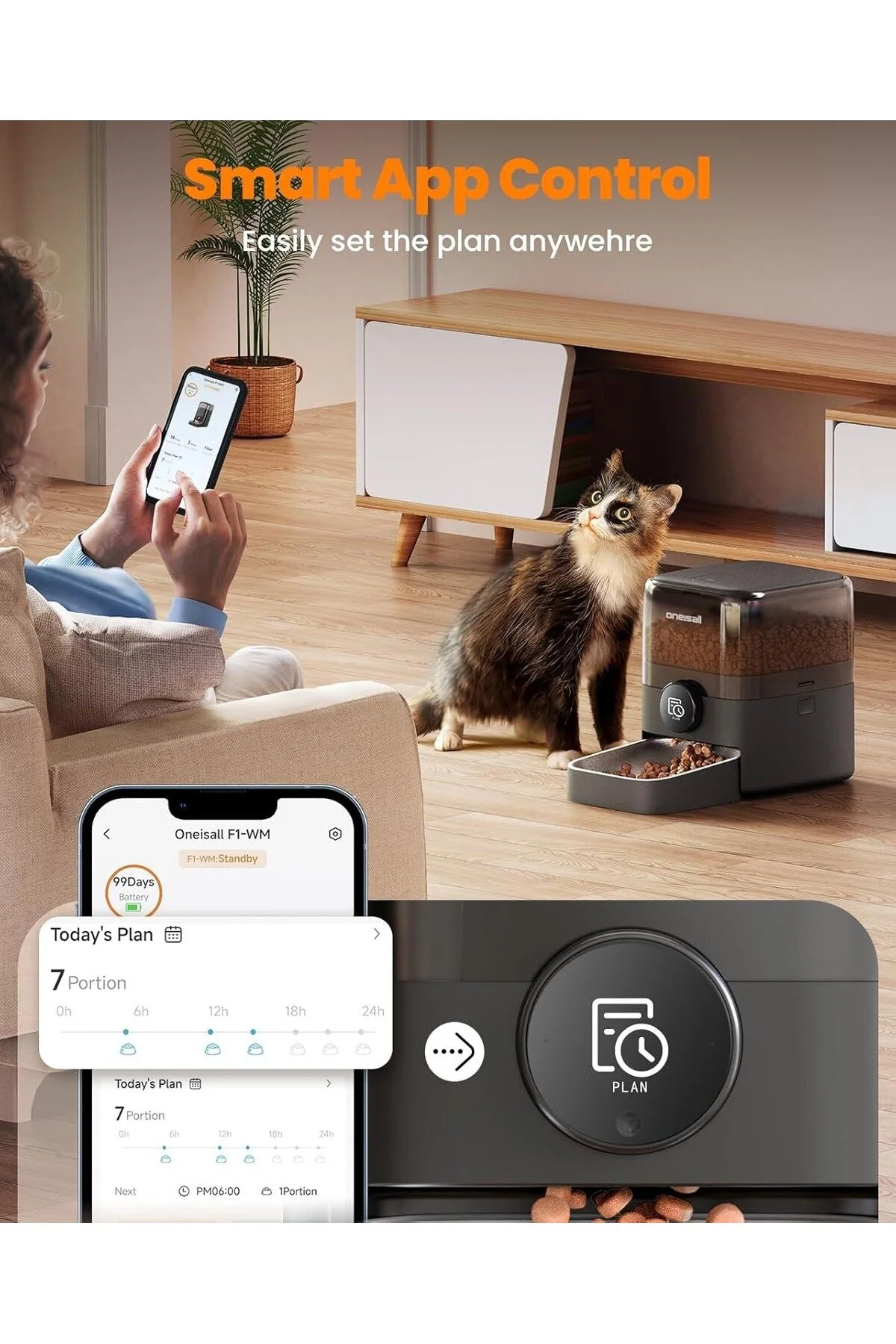 3L WIFI کنترل شده دستگاه غذای گربه هوشمند از طریق برنامه 100 روز عمر باتری oneisall