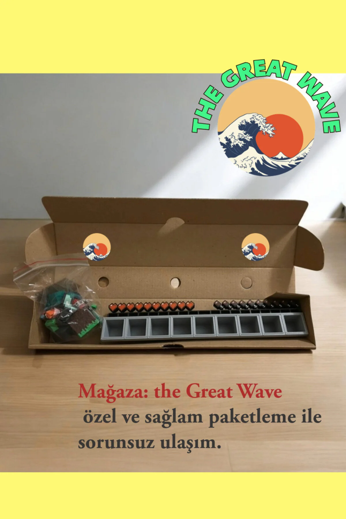 فیگور جعبه شکل موجودی MINECRAFT مینی کلنگ الماس میله های سلامتی گنجانده شده است. The Great Wave