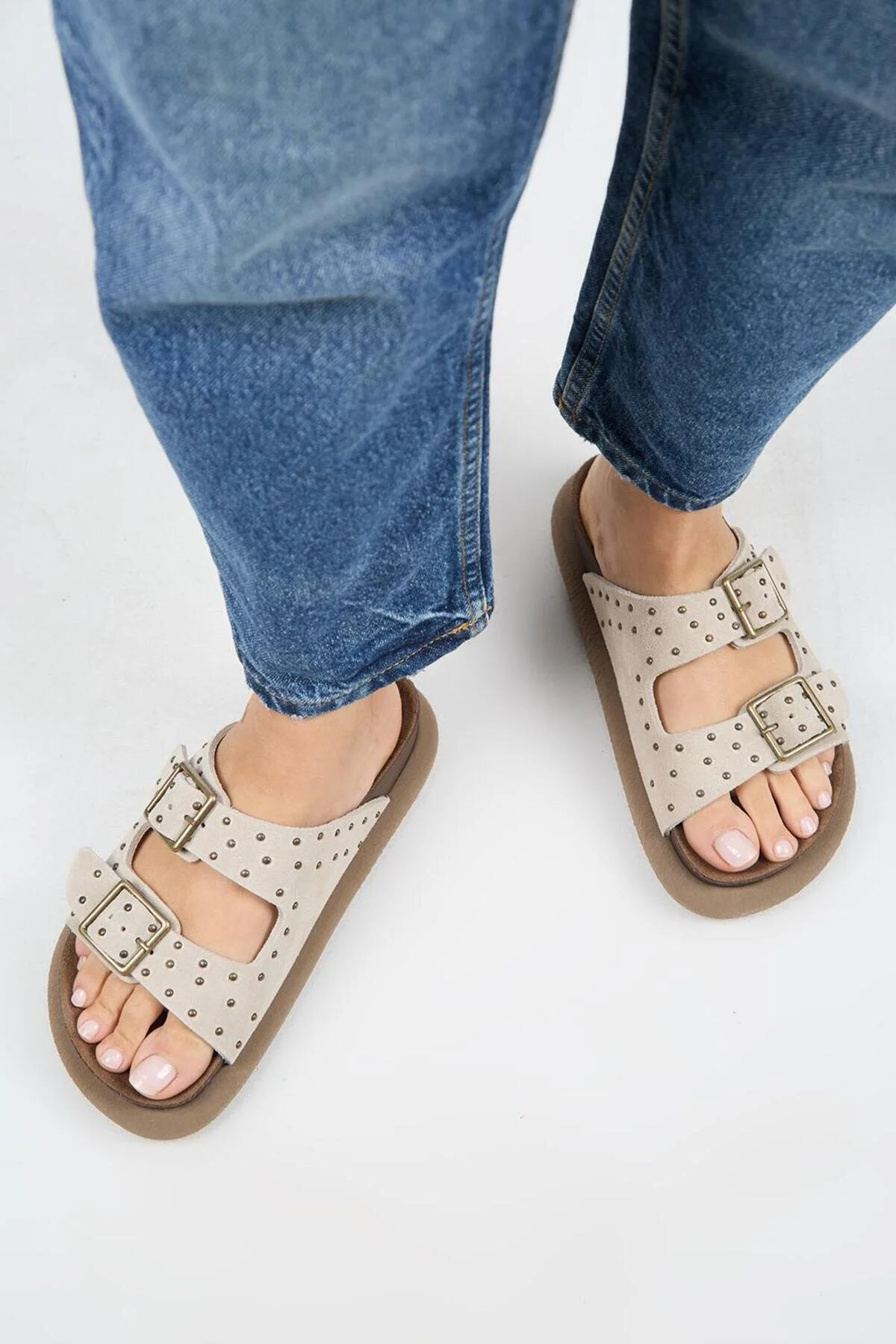 دمپایی زنانه BEIGE TROCHIS LEATHER اورجینال Manijero