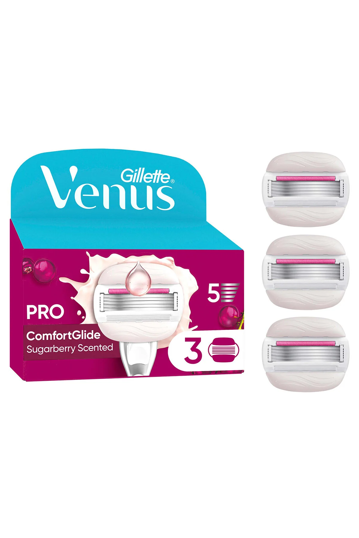 تیغ اصلاح زنانه 3 عددی گلابی با رایحه شکر توت از سری Venus ComfortGlide ژیلت Gillette