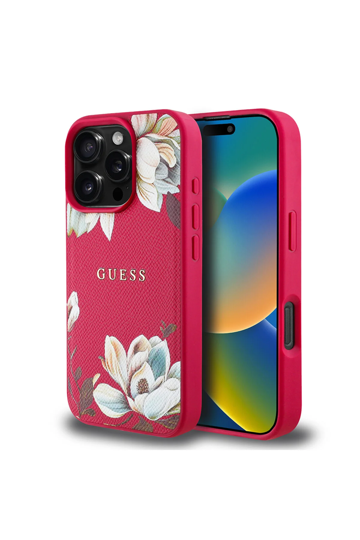کاور و قاب آیفون 16 PRO CASE GUESS سازگار با MAGSAFE شارژ طراحی گل نوشتن آرم جلد FUCHSIA Guess