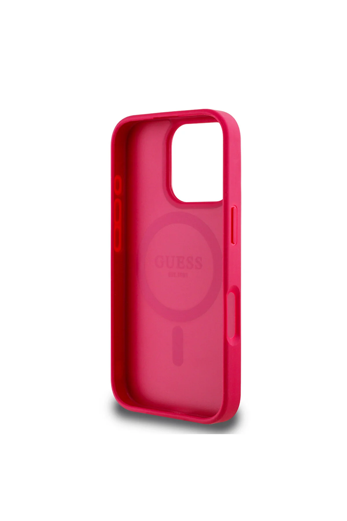 کاور و قاب آیفون 16 PRO CASE GUESS سازگار با MAGSAFE شارژ طراحی گل نوشتن آرم جلد FUCHSIA Guess