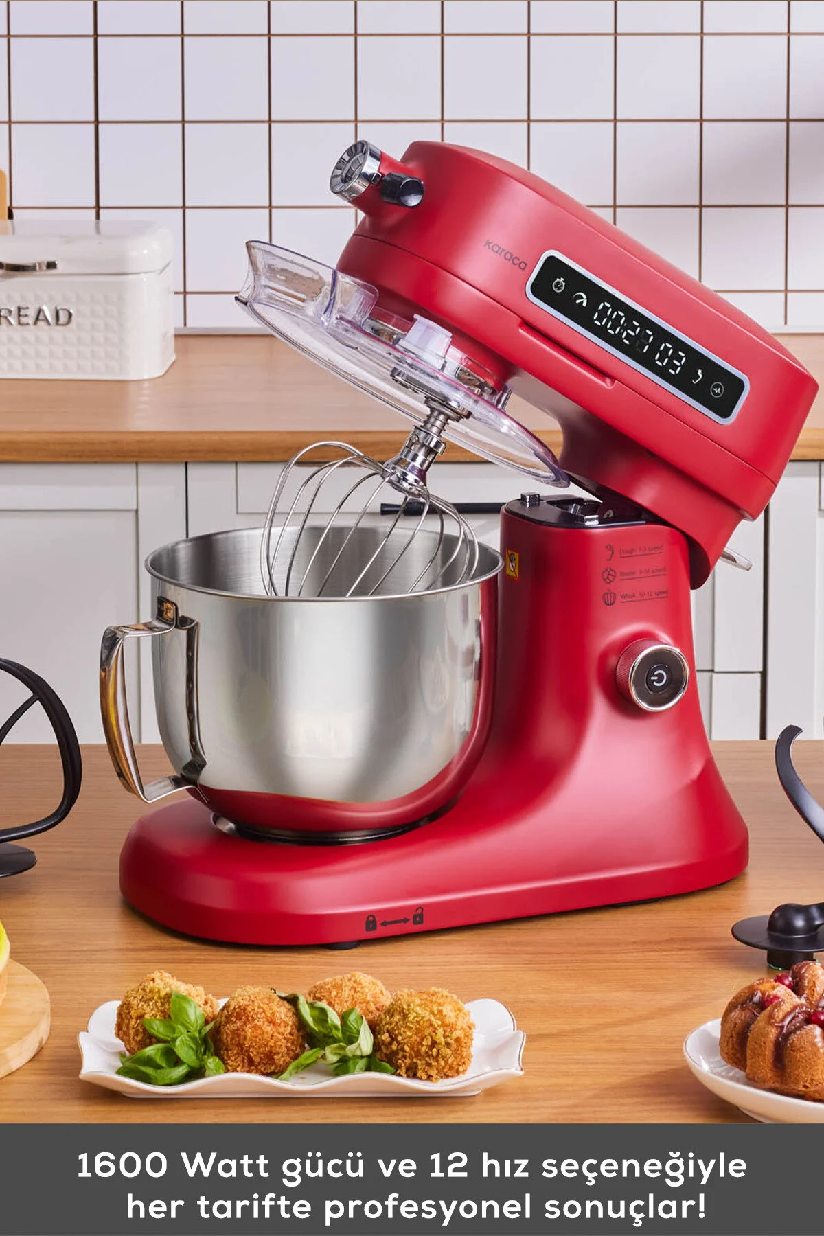 میکسر و ست PRO ARTISAN DIGITAL SCREEN CAST KITCHEN CHEF 1600W RED 5 LT. اورجینال Karaca