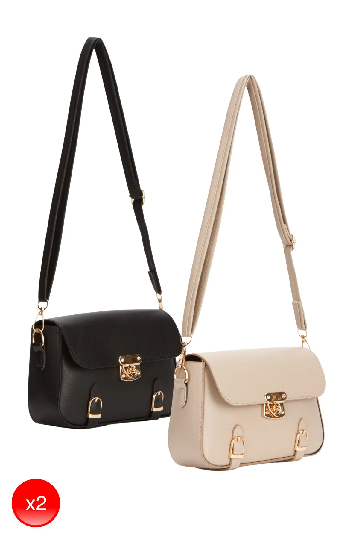 کیف شانه ای دو تکه قفل زنانه مشکی و بژ با جزئیات Adelina Bags
