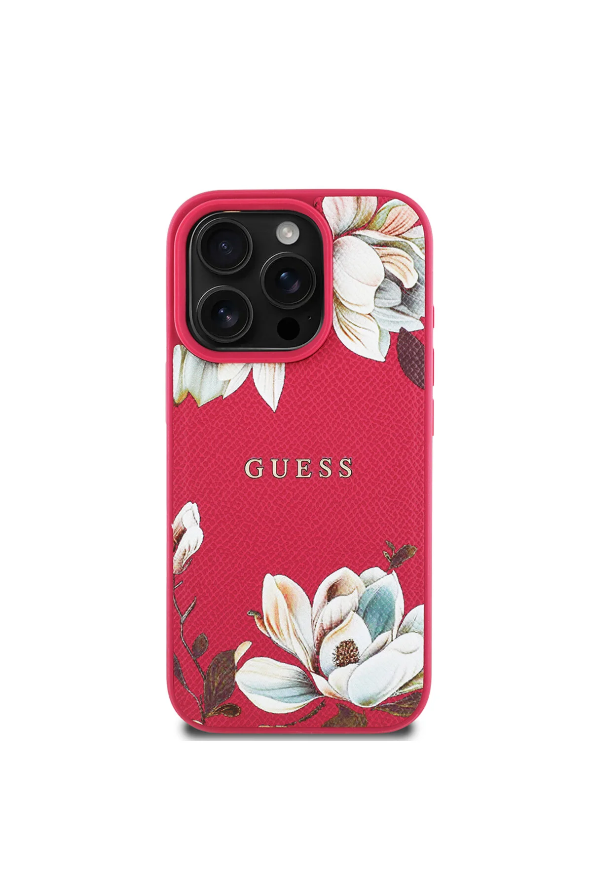 کاور و قاب آیفون 16 PRO CASE GUESS سازگار با MAGSAFE شارژ طراحی گل نوشتن آرم جلد FUCHSIA Guess