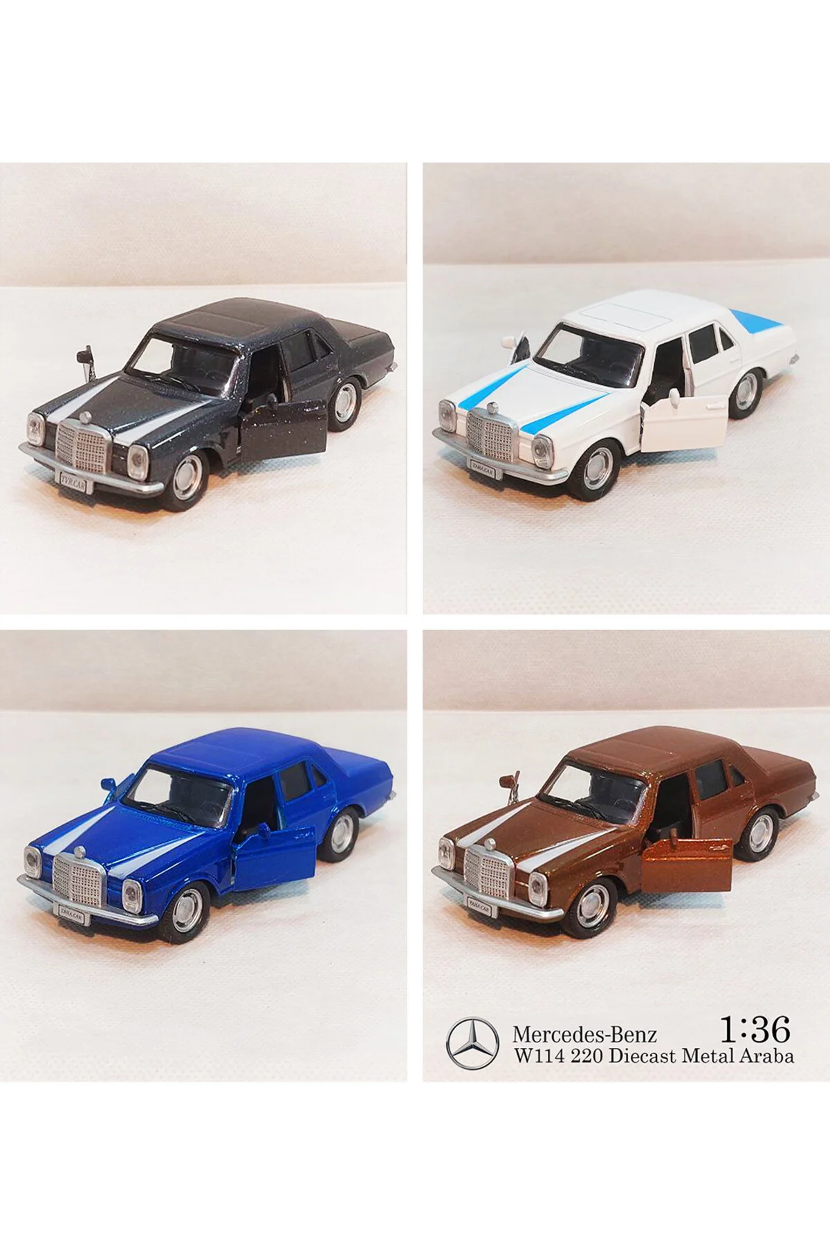 مدل خودرو بنز W114 | مجموعه 4 تایی ماشین های فلزی کش و رها DIECAST 1:36 12CM بررسی DROP جستجو اورجینال Mercedes
