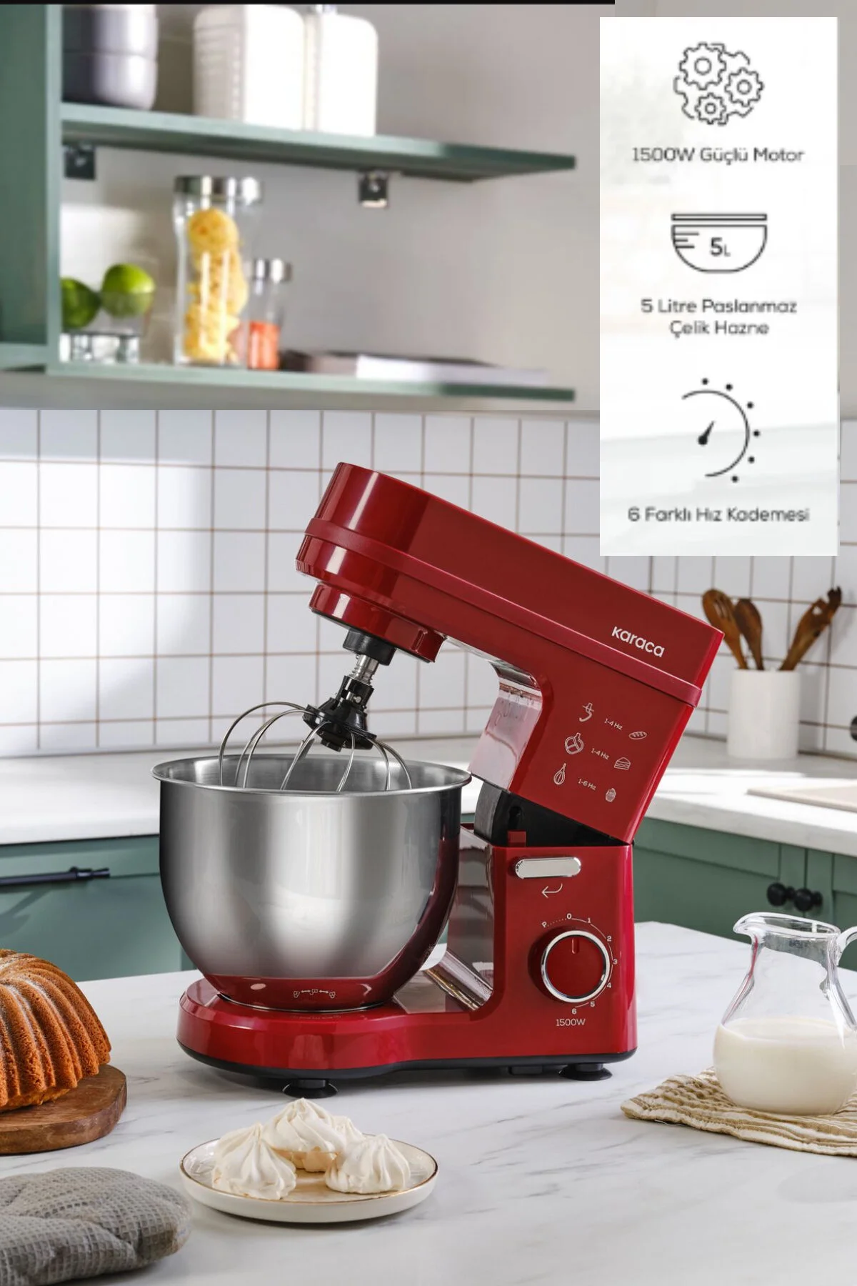 میکسر و ست استند MAESTROCHEF STELLA CHERRY RED 1500W 5 لیتری اورجینال Karaca