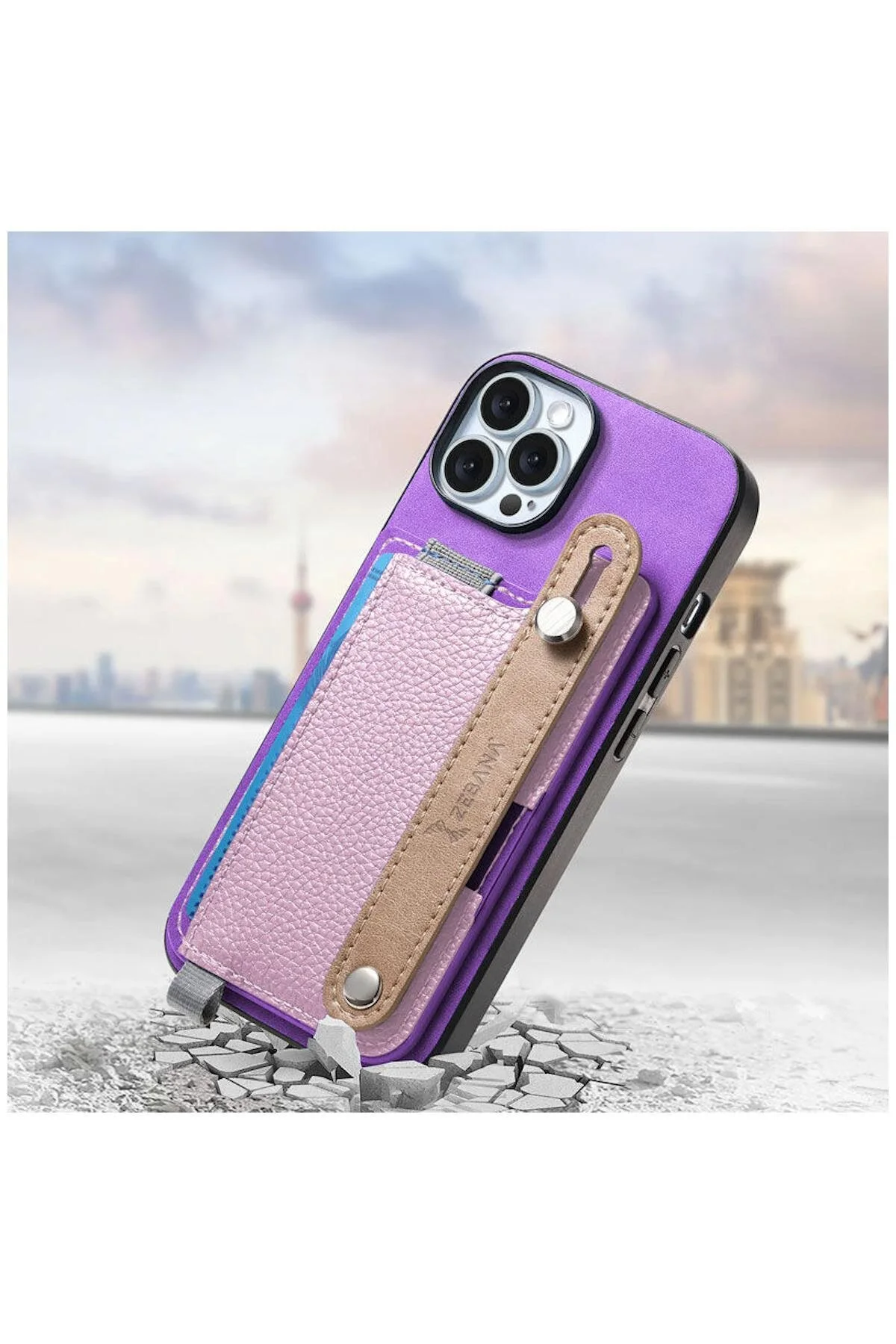 کاور و قاب APPLE IPHONE 15 PRO COMPATIBLE CASE 2IN1 بهترین چرمی با جای کارت بنفش Zebana