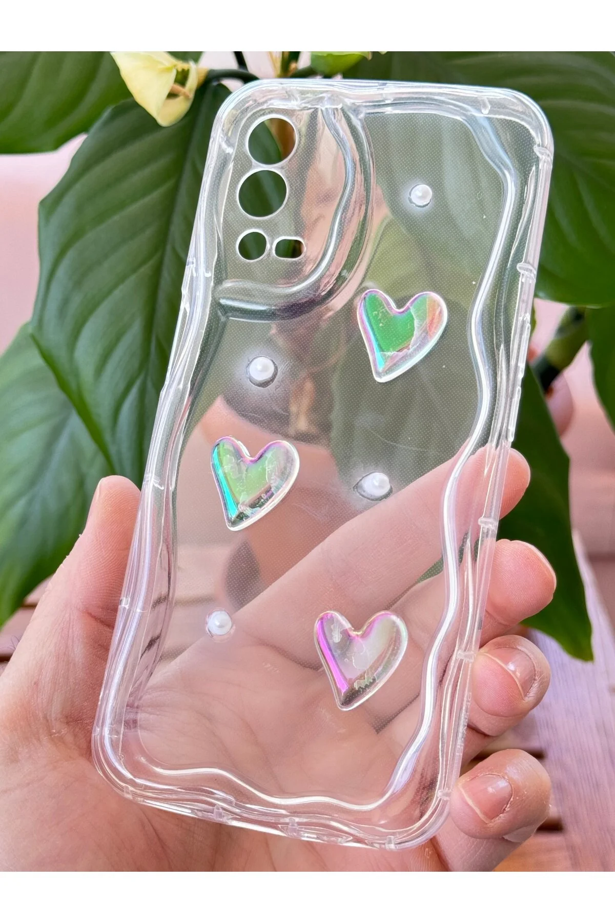 کاور و قاب 4G OPPO A55 3D HEART PEARL با الگوی دوربین پوشش محافظ سیلیکونی شفاف Fibaks