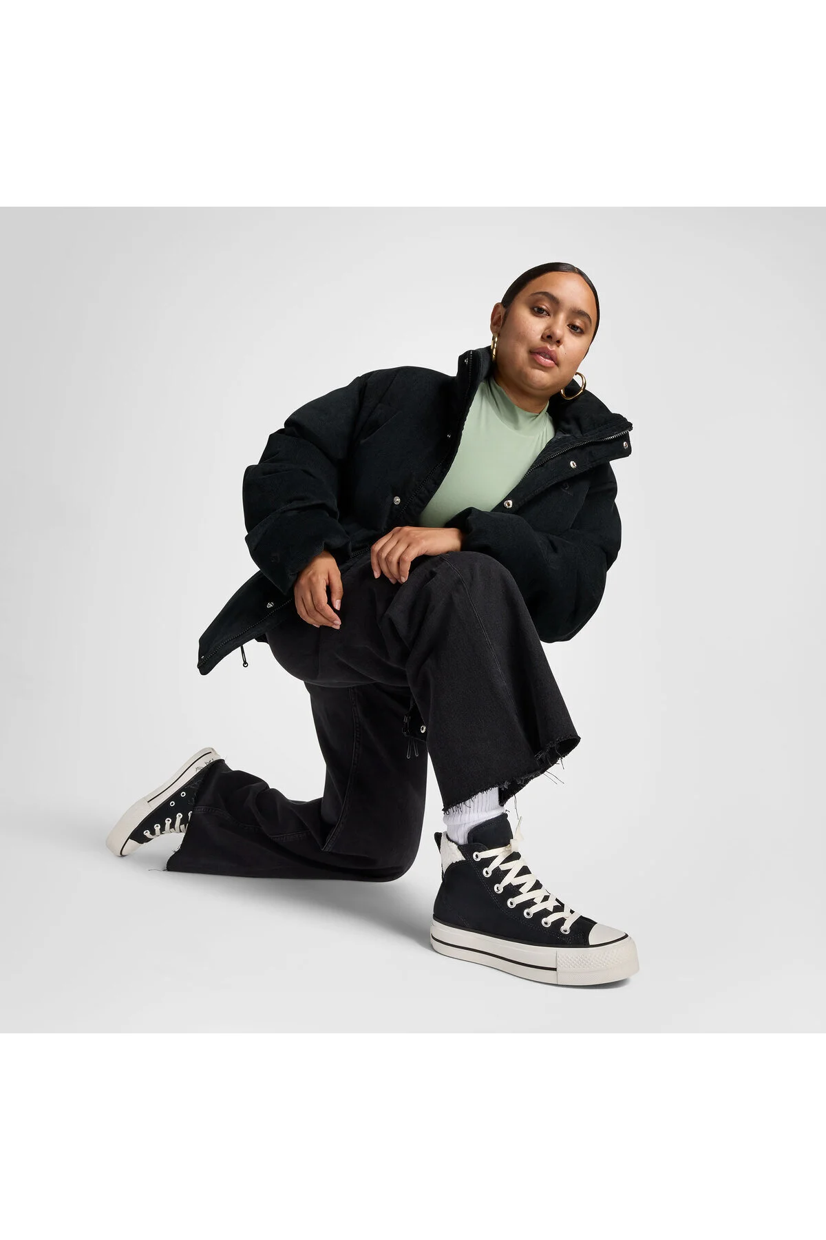 اسنیکر کفش کتانی پلت فرم چرم مشکی CONVERSE CHUCK TAYLOR ALL STAR PUFF LIFT یونیسکس کانورس Converse