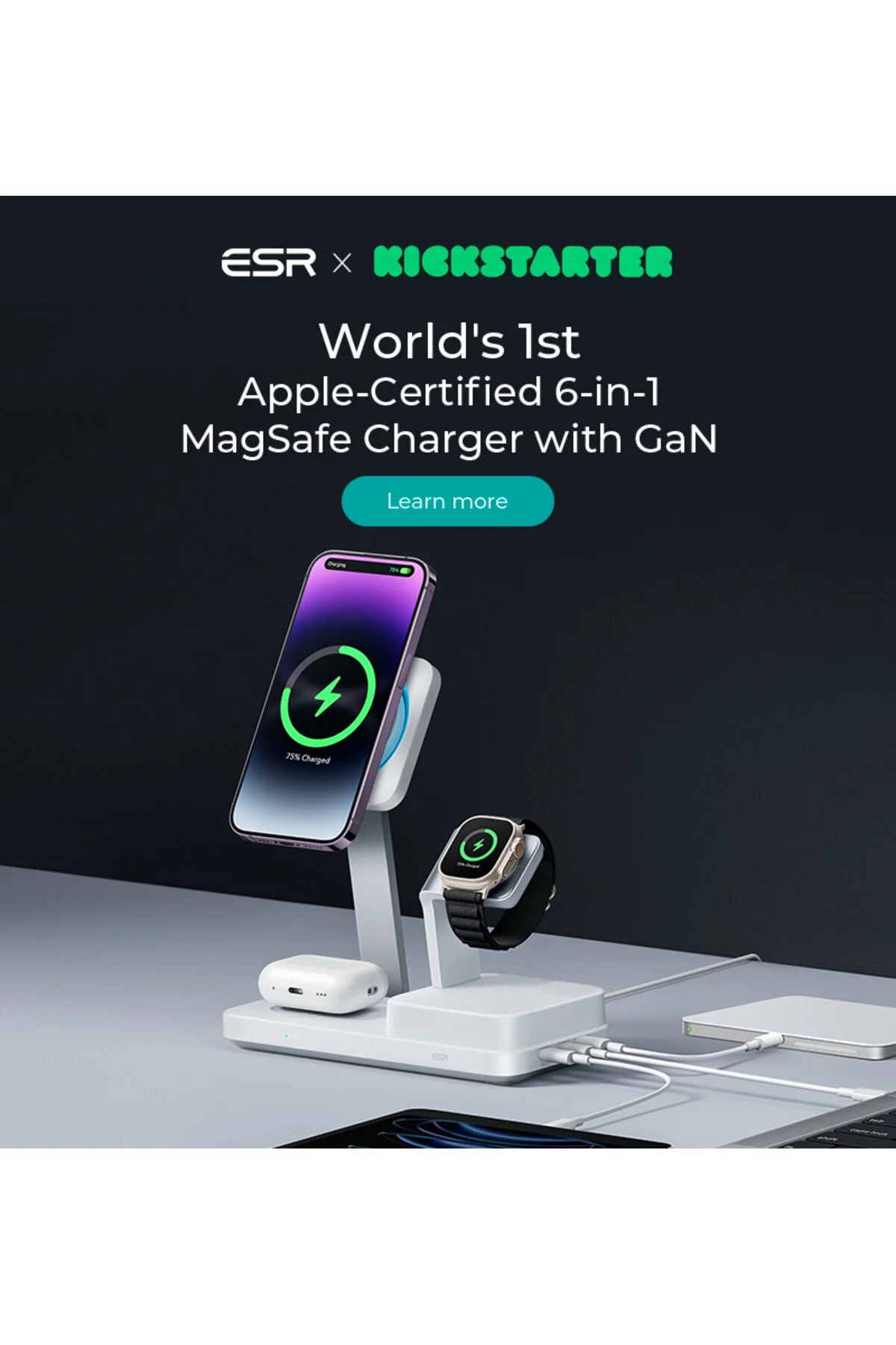 شارژر بی سیم پایه شارژ 100 وات 6 در 1 MAGSAFE و CRYOBOOST سفید ESR