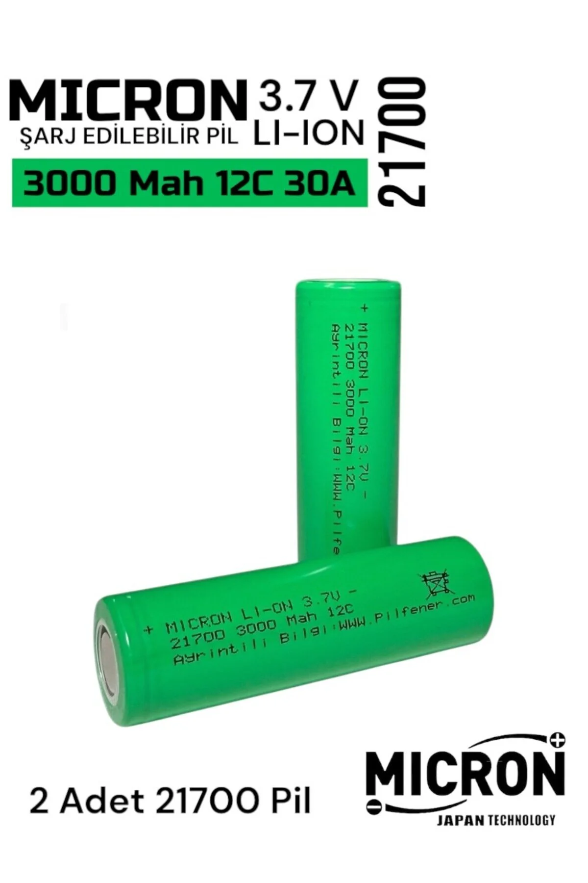 باتری و شارژر 21700 3000 ماه 12C 30A لیتیوم یونی 2 عدد Micron
