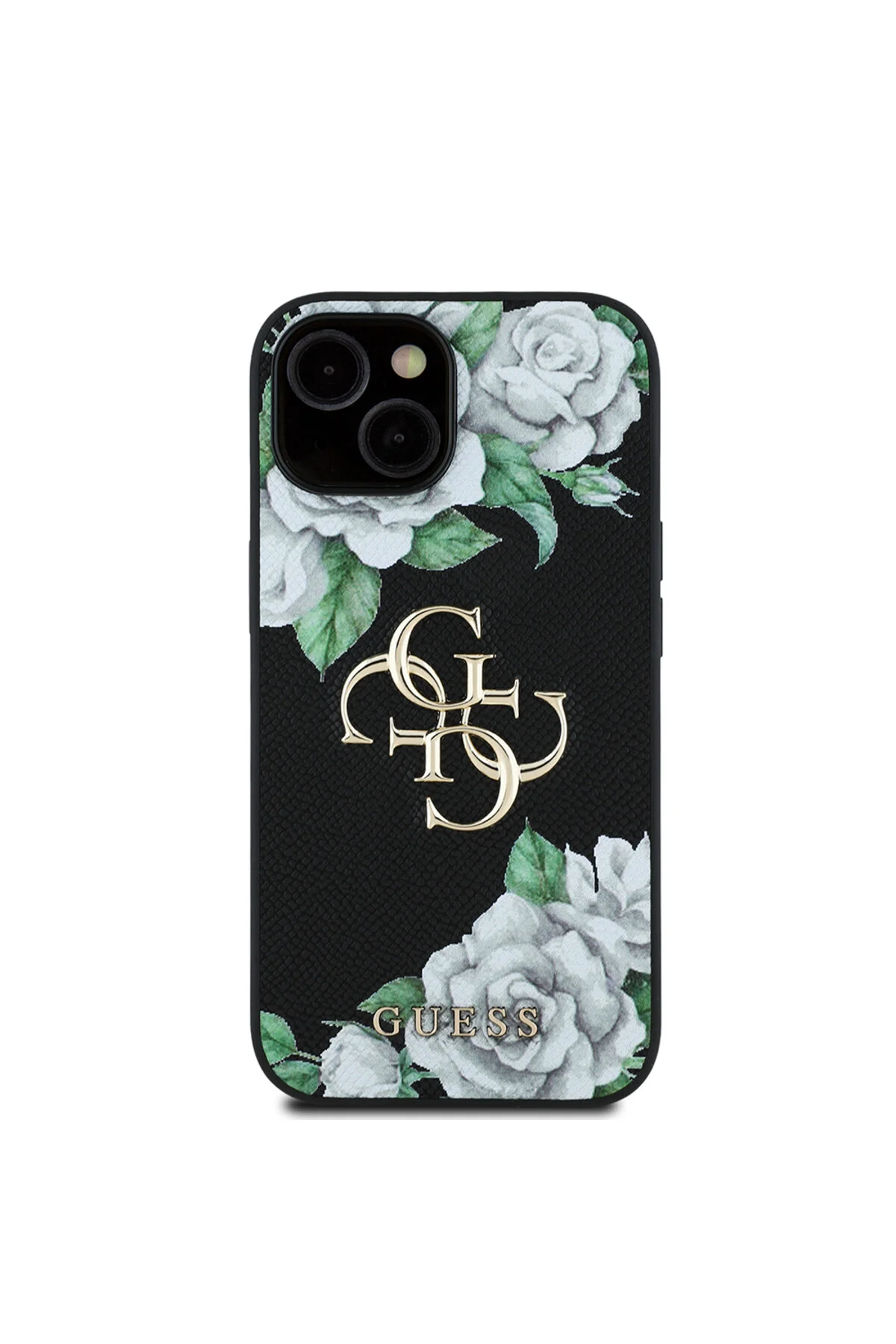 کاور و قاب محافظ آیفون 15 GUESS LICENSED ROSE PRINTED LARGE METAL LOGO طراحی شده روی جلد مشکی Guess