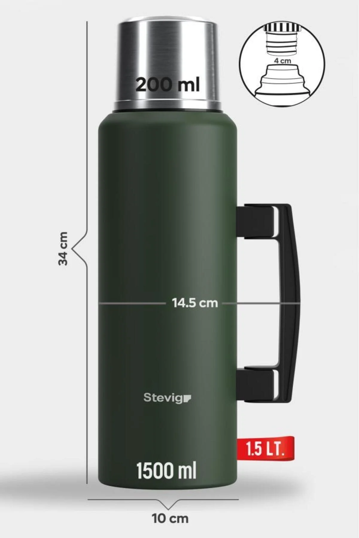 فلاسک 4 قمقمه استیل خلاء کلاسیک کمپ با دسته 1.5 ستوان گرین ST 206 اورجینال Stevig