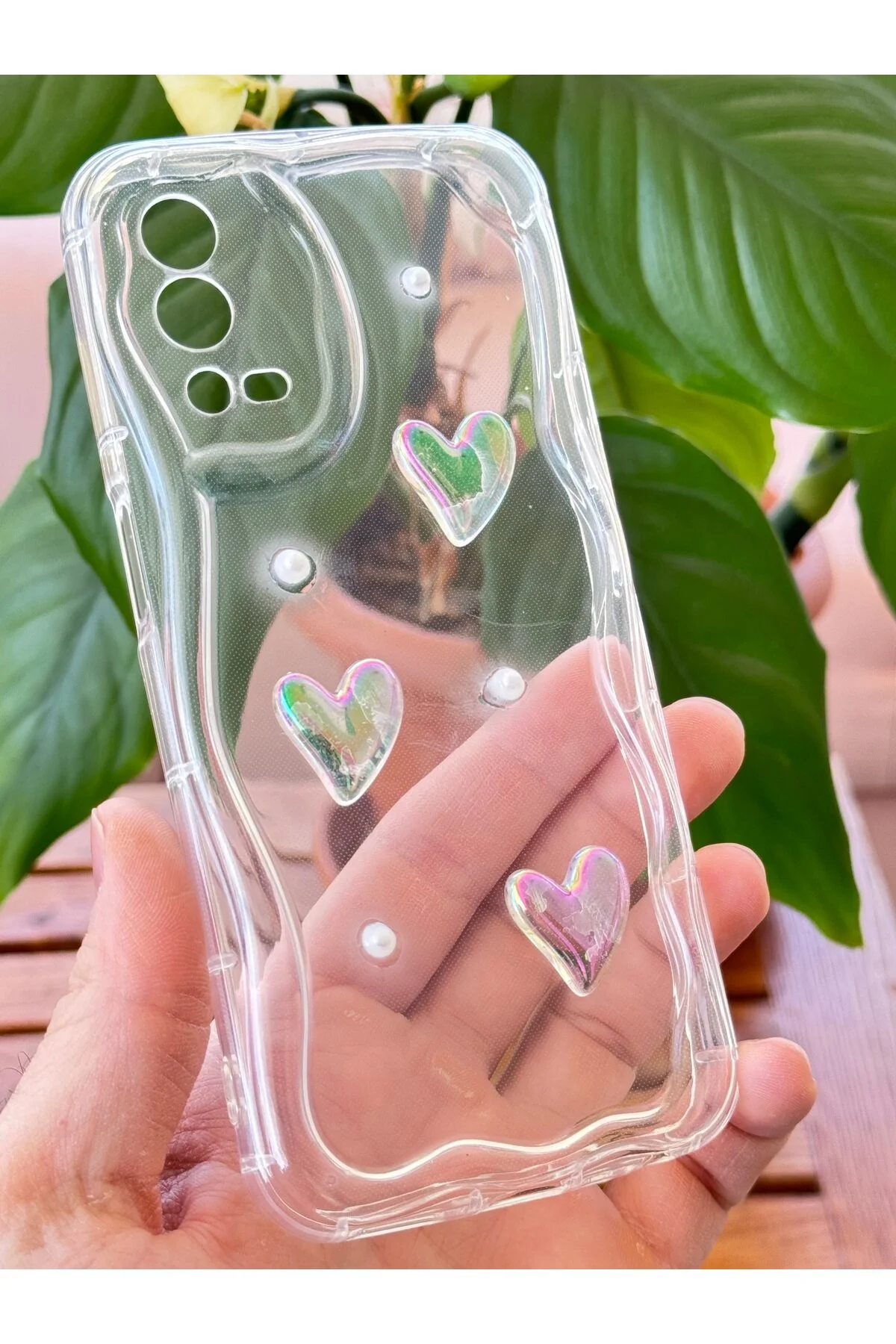 کاور و قاب 4G OPPO A55 3D HEART PEARL با الگوی دوربین پوشش محافظ سیلیکونی شفاف Fibaks