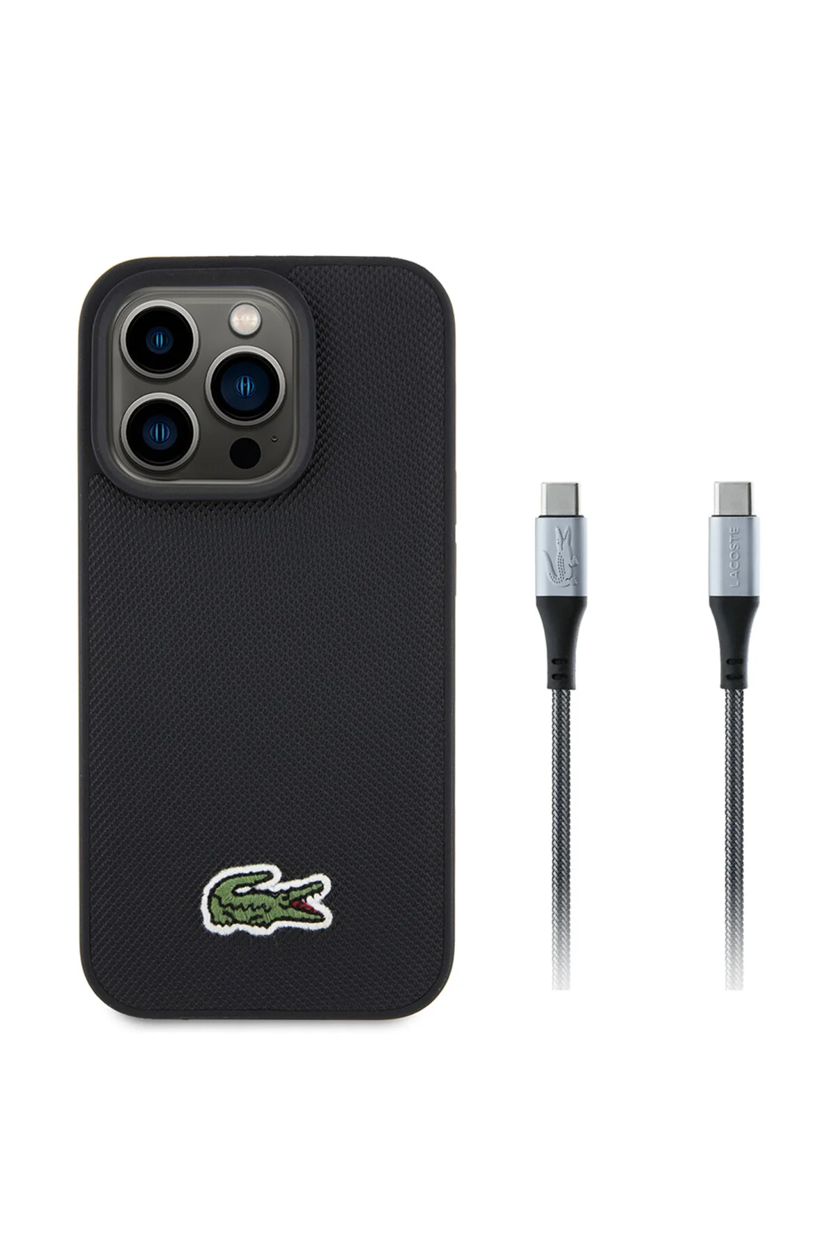 کاور و قاب روکش لوگوی تمساح بافته شده نمادین IPHONE 15 PRO MAX CASE LACOSTE + کابل TYPE C 1.5 متری مشکی اورجینال Lacoste