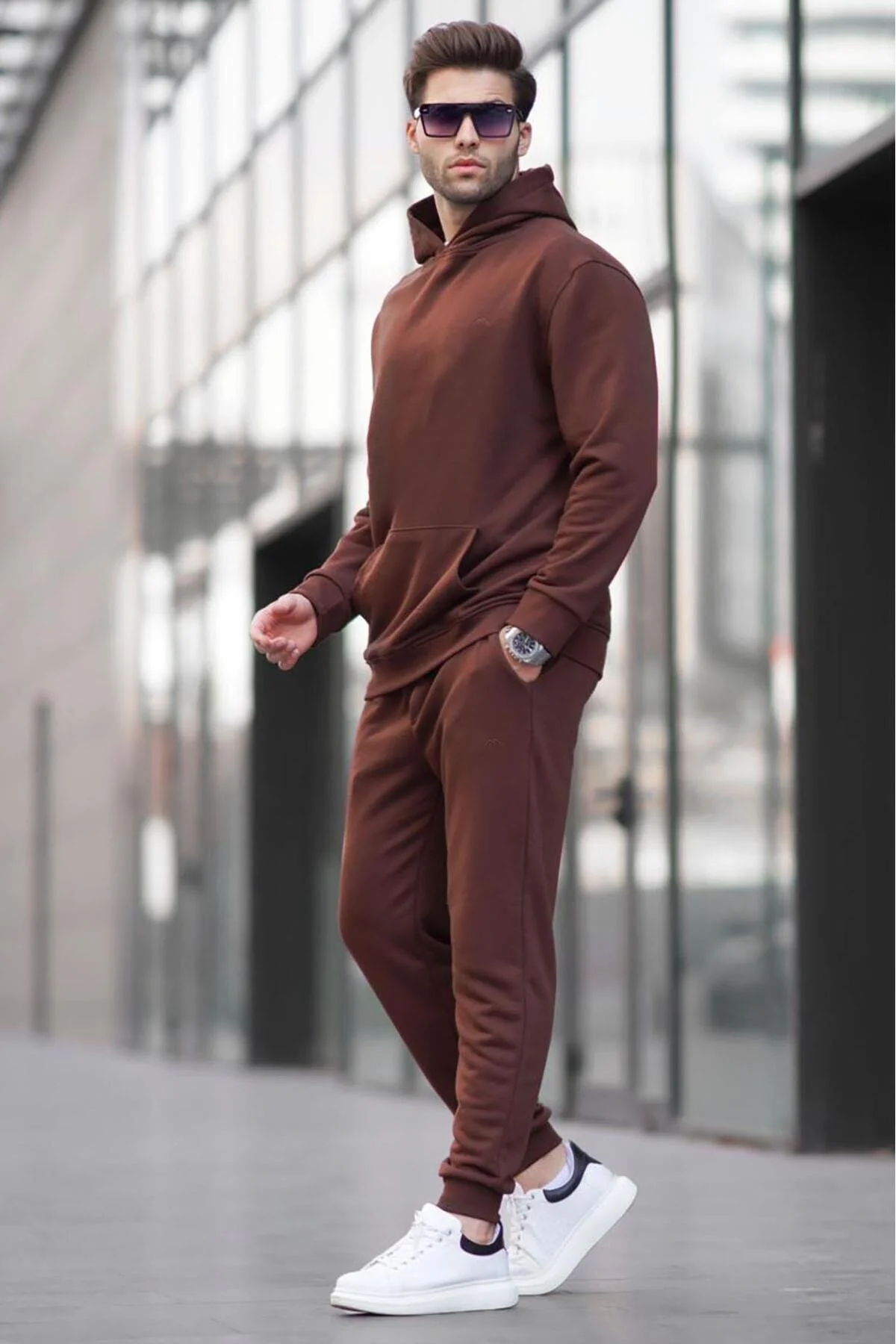 ست گرمکن ورزشی چند رنگ مردانه تیم اصلی Tracksuit با کاپوت قهوه ای تلخ مدمکس Madmext