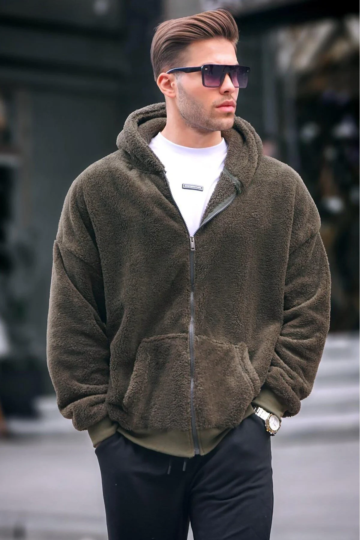 سویشرت سبز مردانه Haki Plush Over Fit Casted Sweatshirt مدمکس Madmext