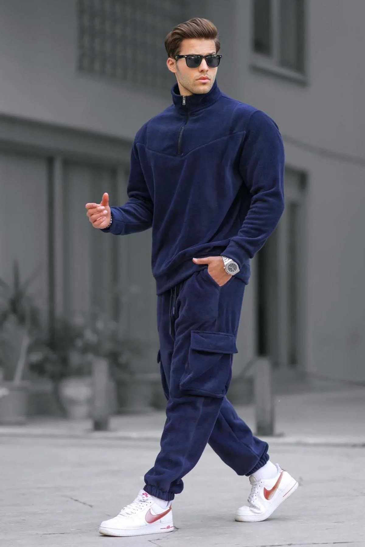 ست گرمکن ورزشی آبی مردانه یقه Zipper Collar Polar Tracksuit مدمکس Madmext