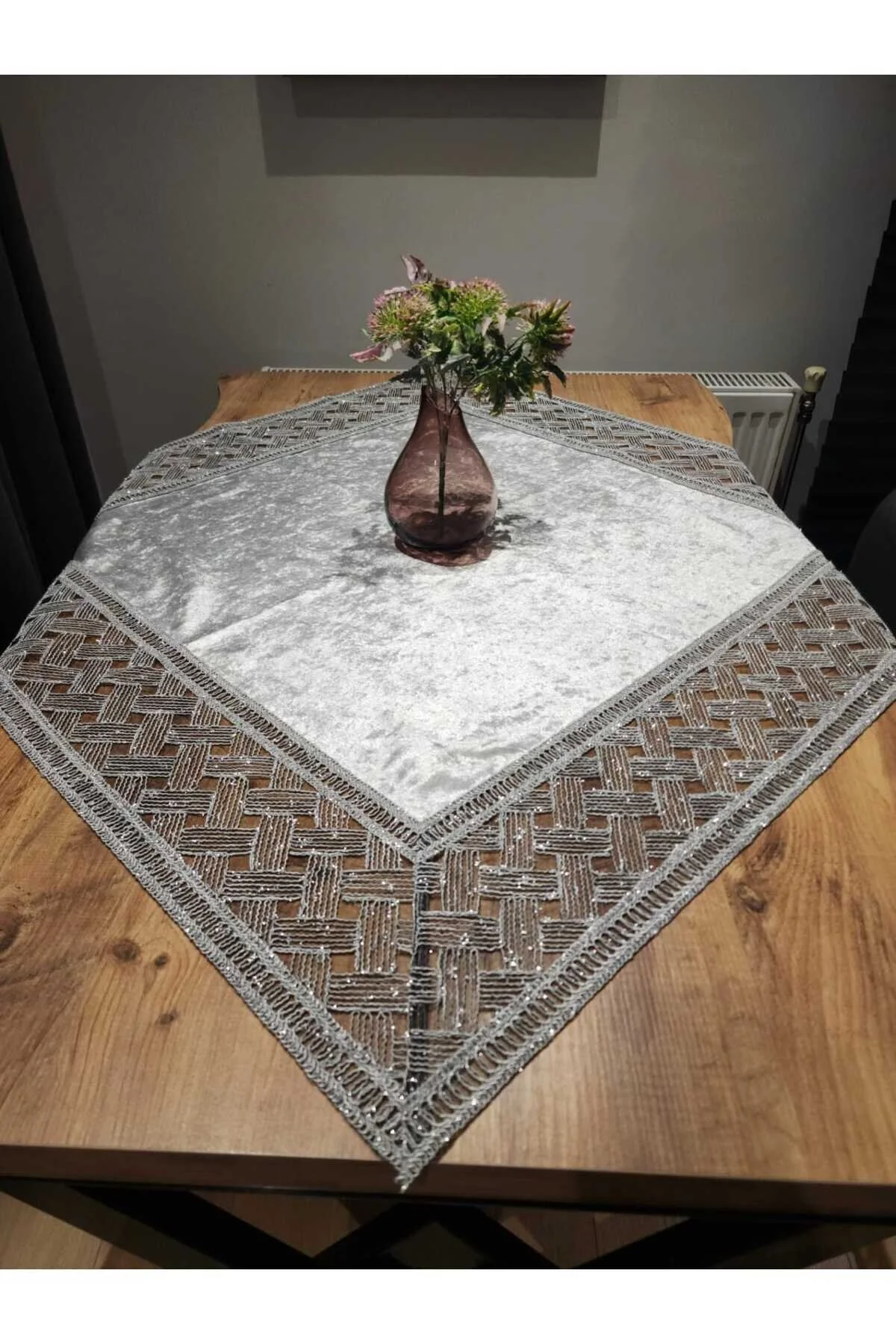رانر و زیر بشقابی TABLECLOTH RUNNER FISKOS خاکستری مخملی نقره ای 93X93 Tekstilife